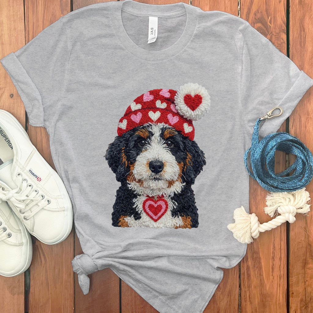 Bernedoodle Valentine Charm Faux Yarn T-Shirt in Athletic Heather / S by Puppy Jo