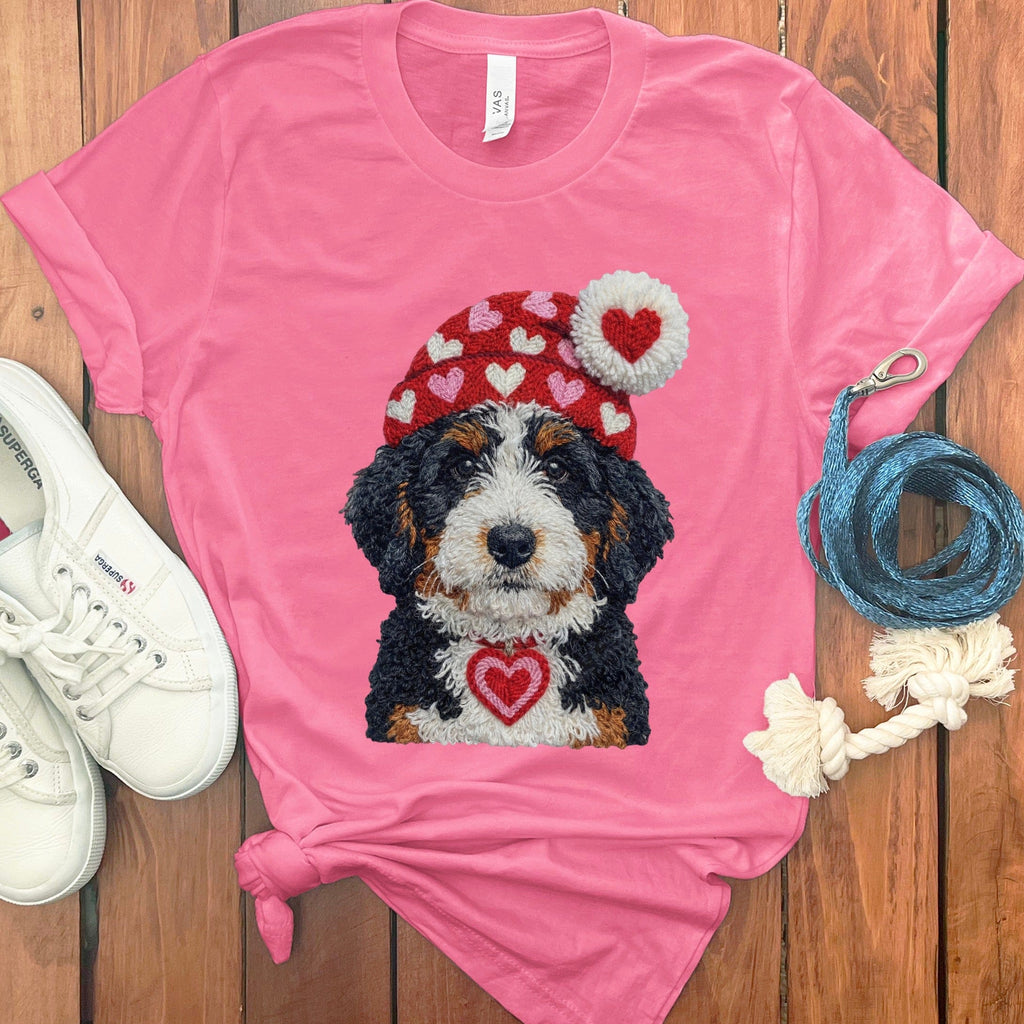 Bernedoodle Valentine Charm Faux Yarn T-Shirt in Charity Pink / S by Puppy Jo