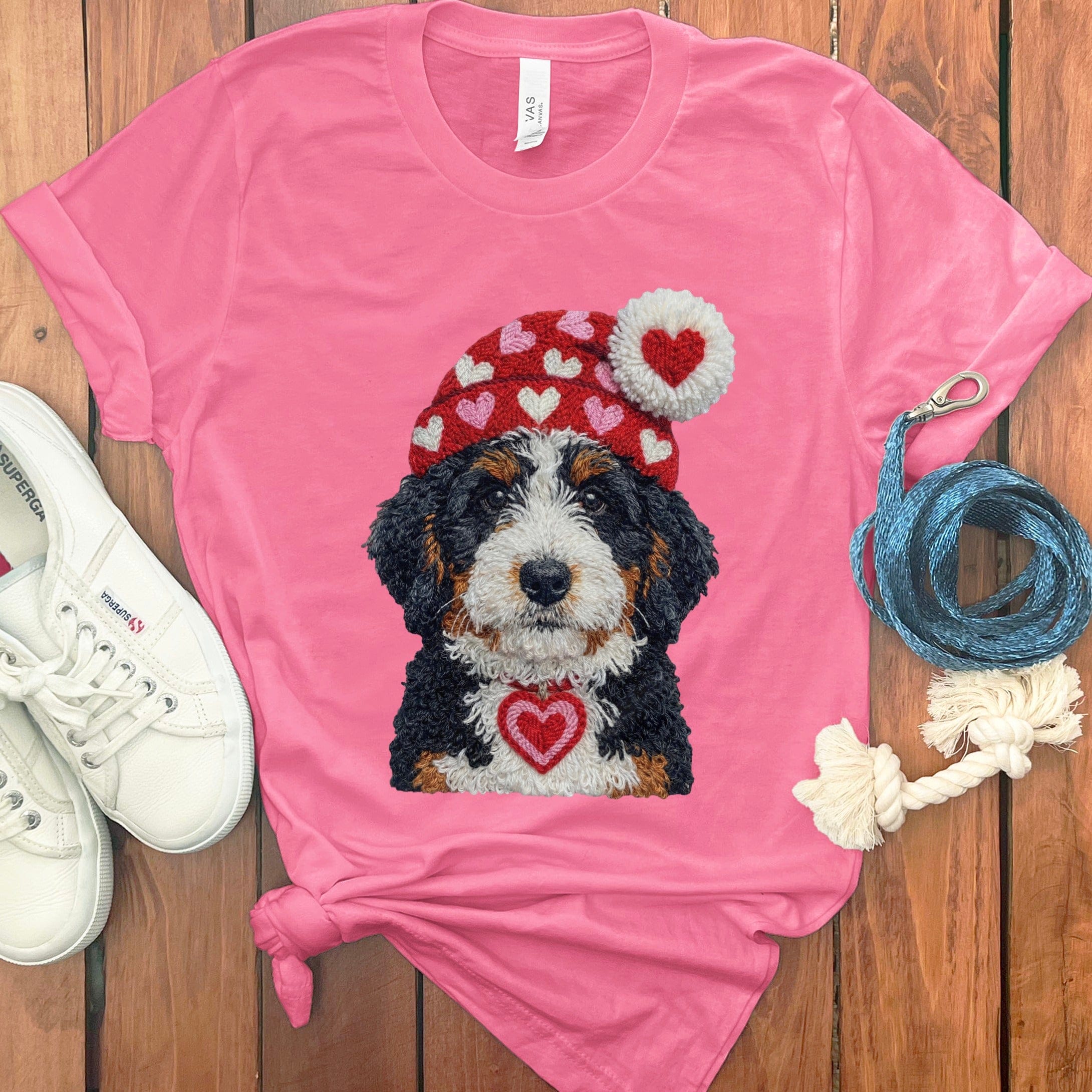 Bernedoodle Valentine Charm Faux Yarn T-Shirt in Charity Pink / S by Puppy Jo