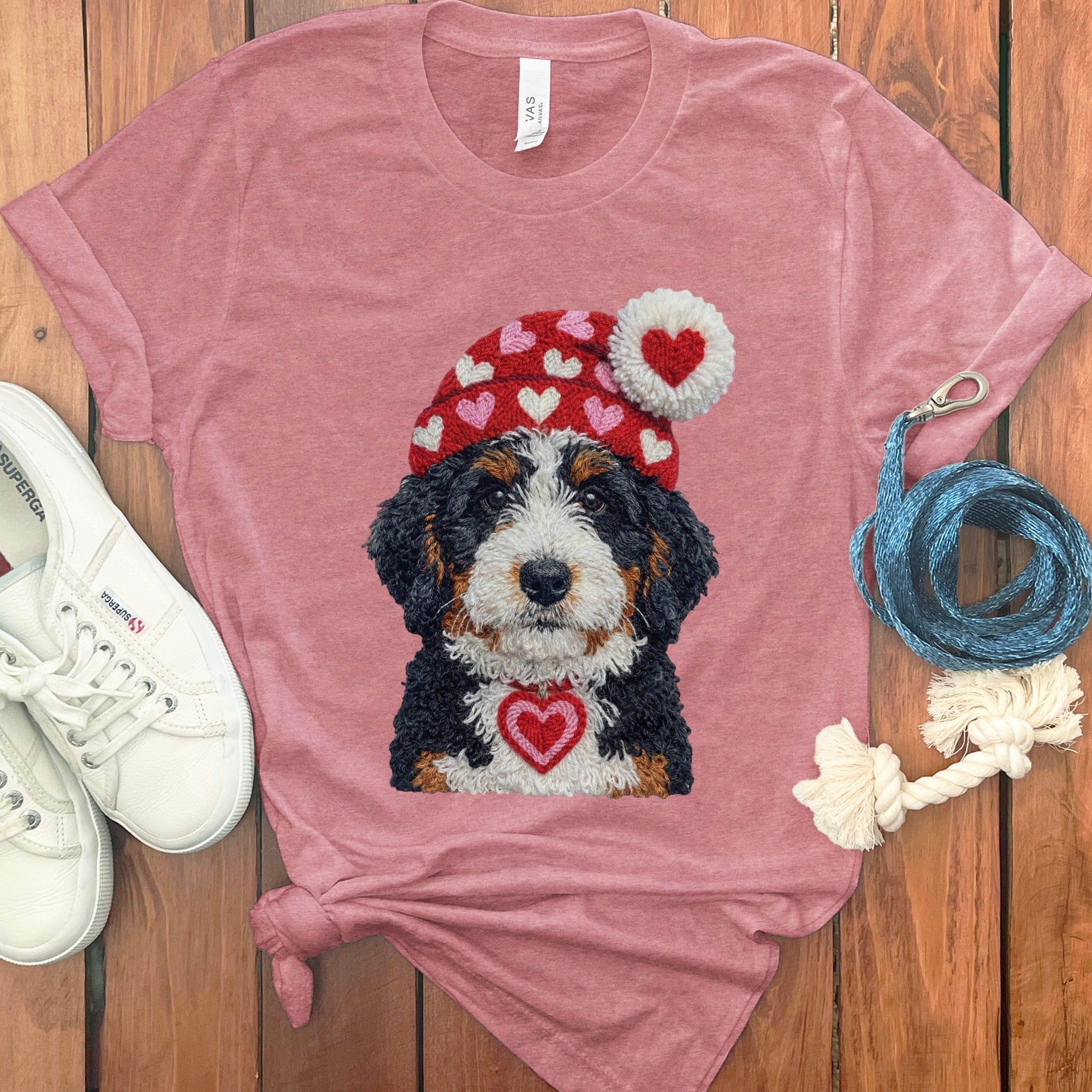 Bernedoodle Valentine Charm Faux Yarn T-Shirt in Heather Mauve / S by Puppy Jo