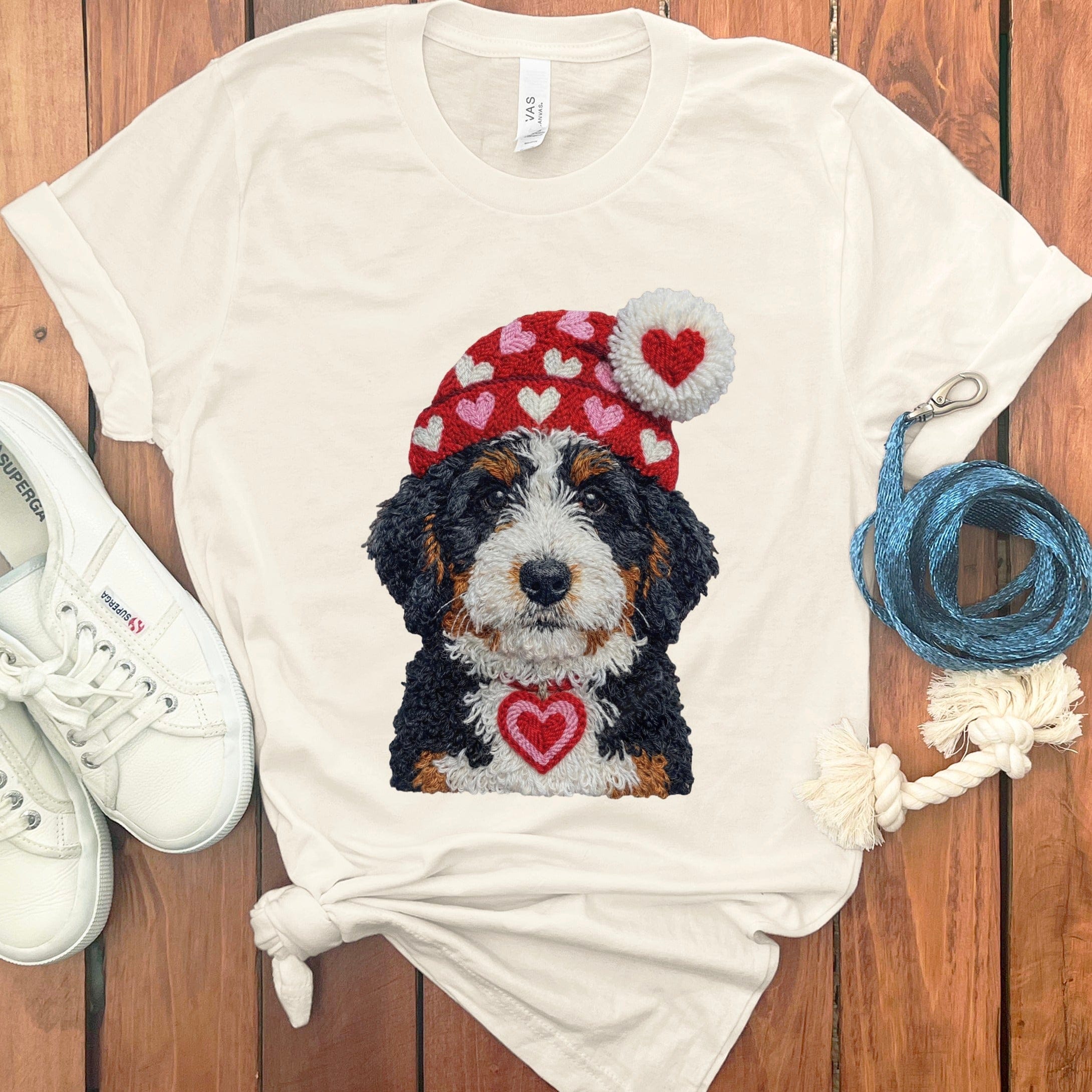 Bernedoodle Valentine Charm Faux Yarn T-Shirt in Natural / S by Puppy Jo