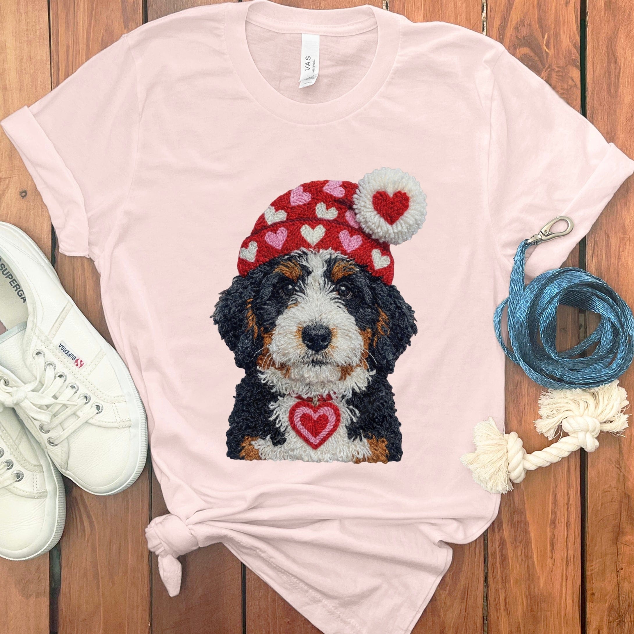 Bernedoodle Valentine Charm Faux Yarn T-Shirt in Soft Pink / S by Puppy Jo