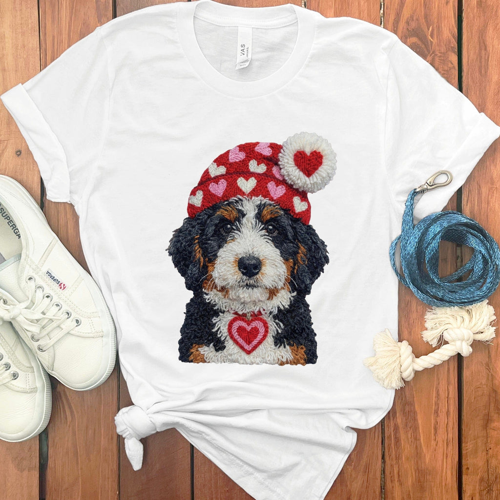 Bernedoodle Valentine Charm Faux Yarn T-Shirt in White / S by Puppy Jo