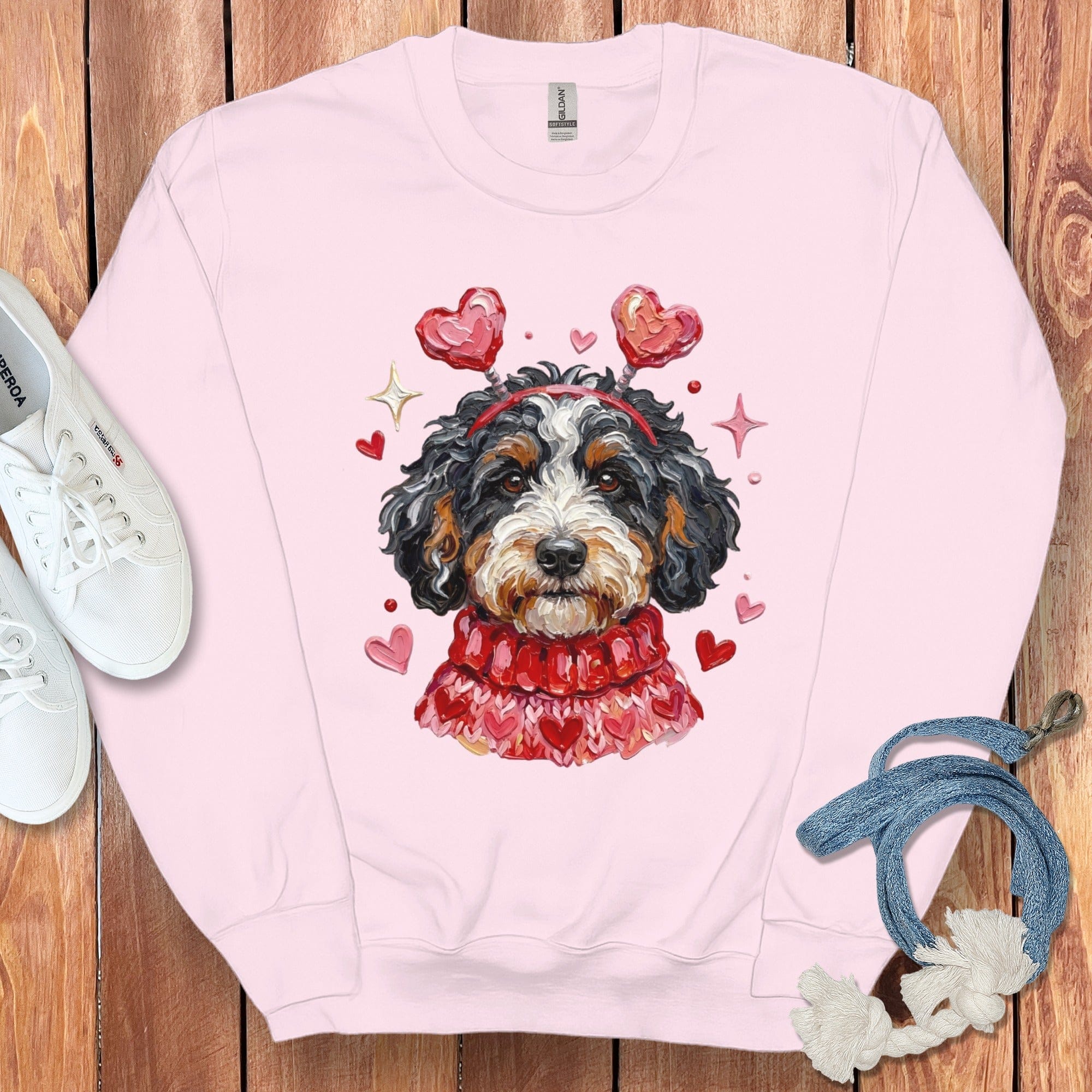 Bernedoodle Valentine Sweatshirt in Light Pink / S by Puppy Jo
