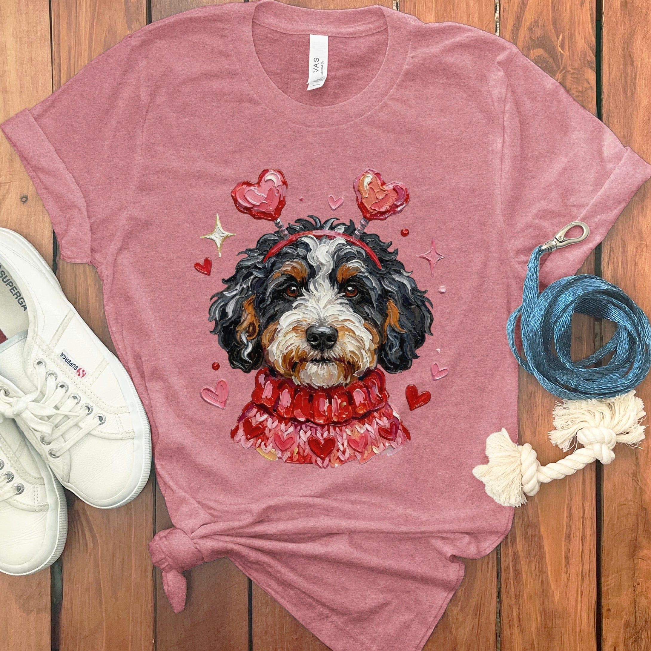 Bernedoodle Valentine T-Shirt in Heather Mauve / S by Puppy Jo