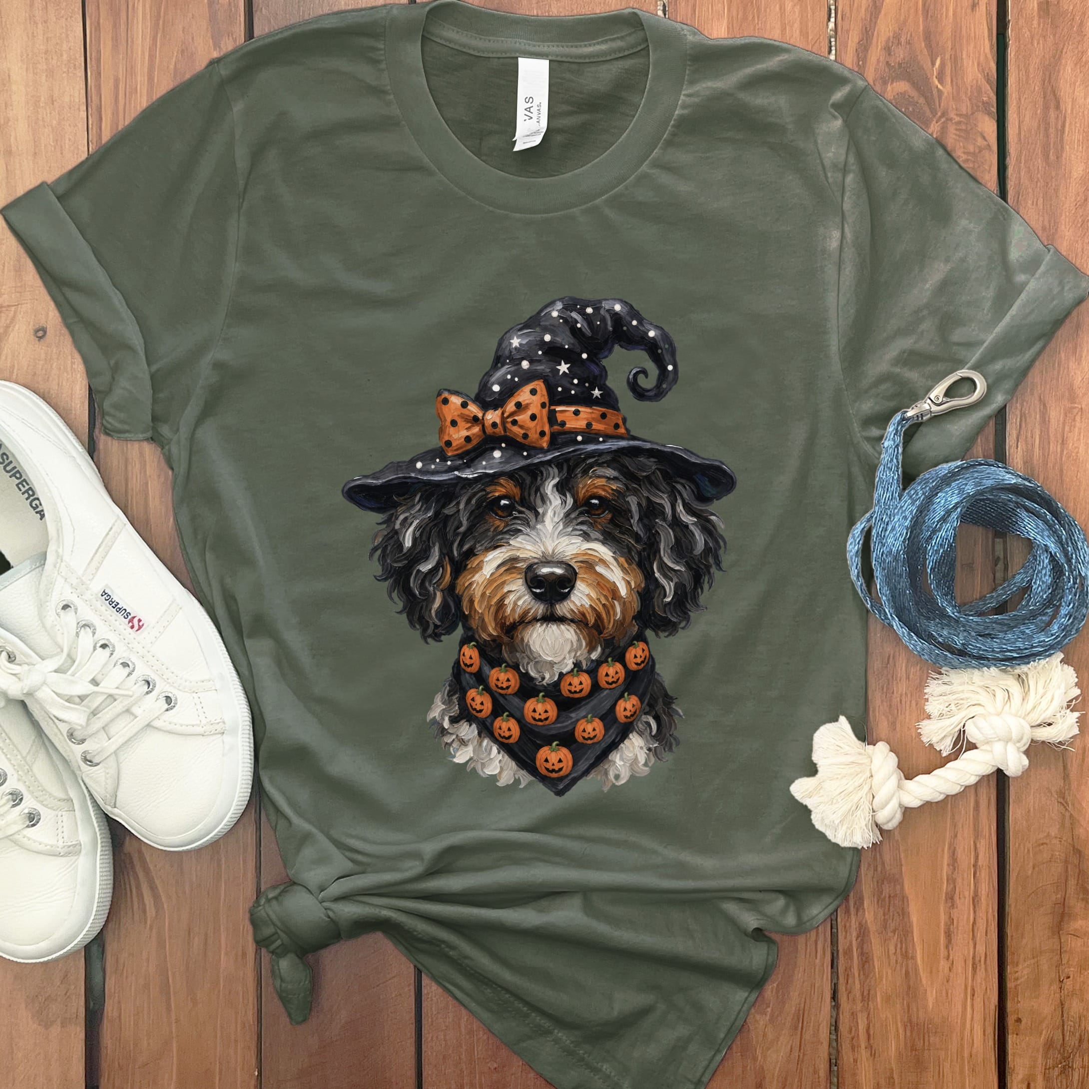 Bernedoodle Witch Hat T-Shirt in Military Green / S by MyDesigns