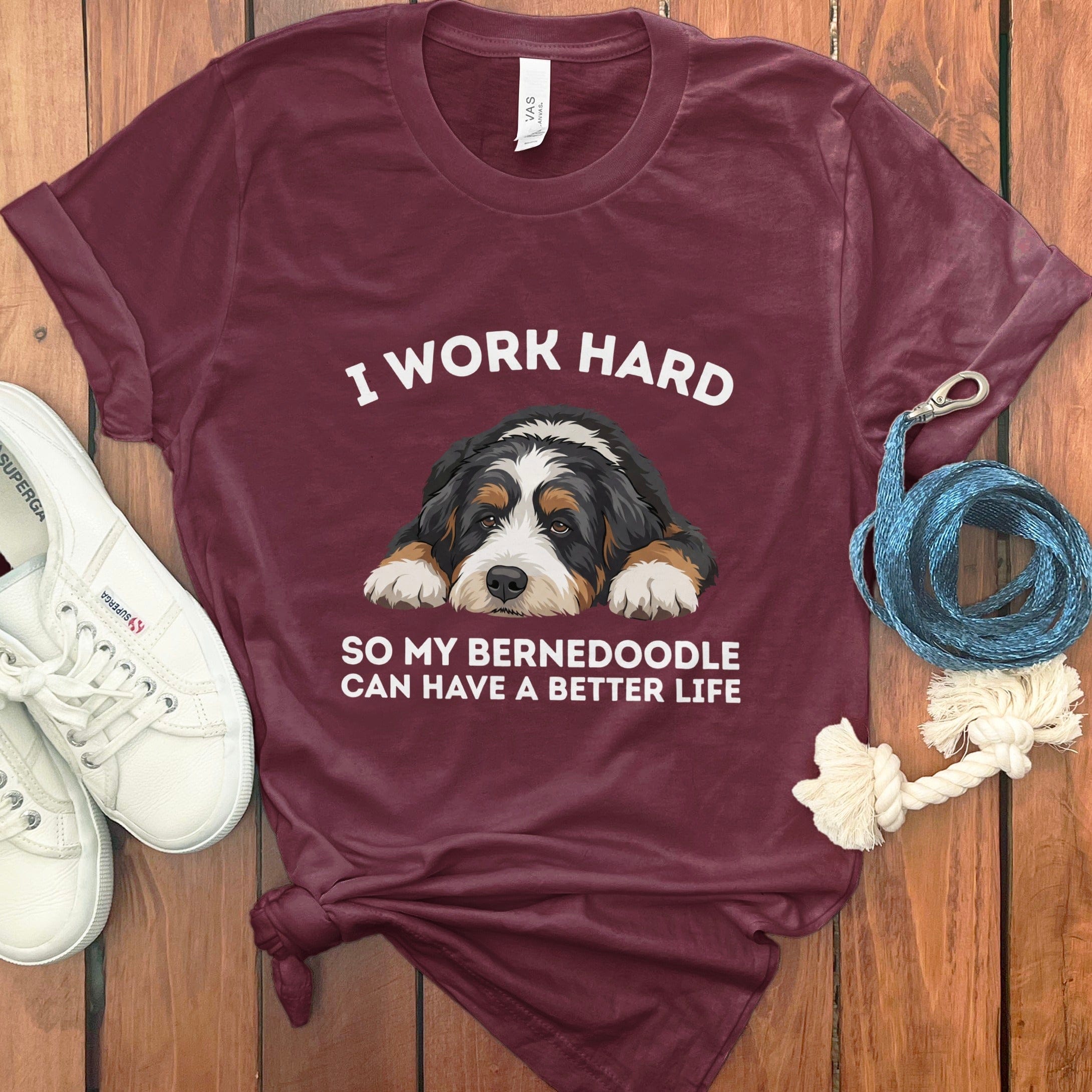 Bernedoodle Work Hard T-Shirt in Maroon / S by Puppy Jo