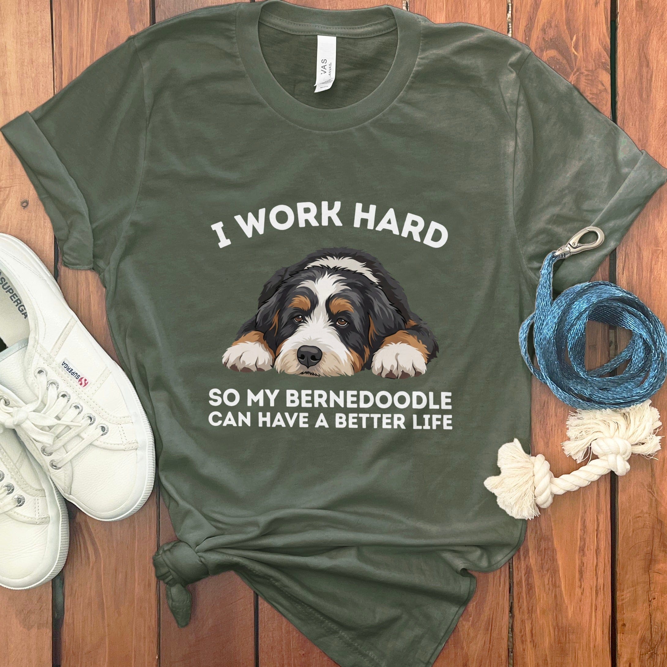 Bernedoodle Work Hard T-Shirt in Military Green / S by Puppy Jo