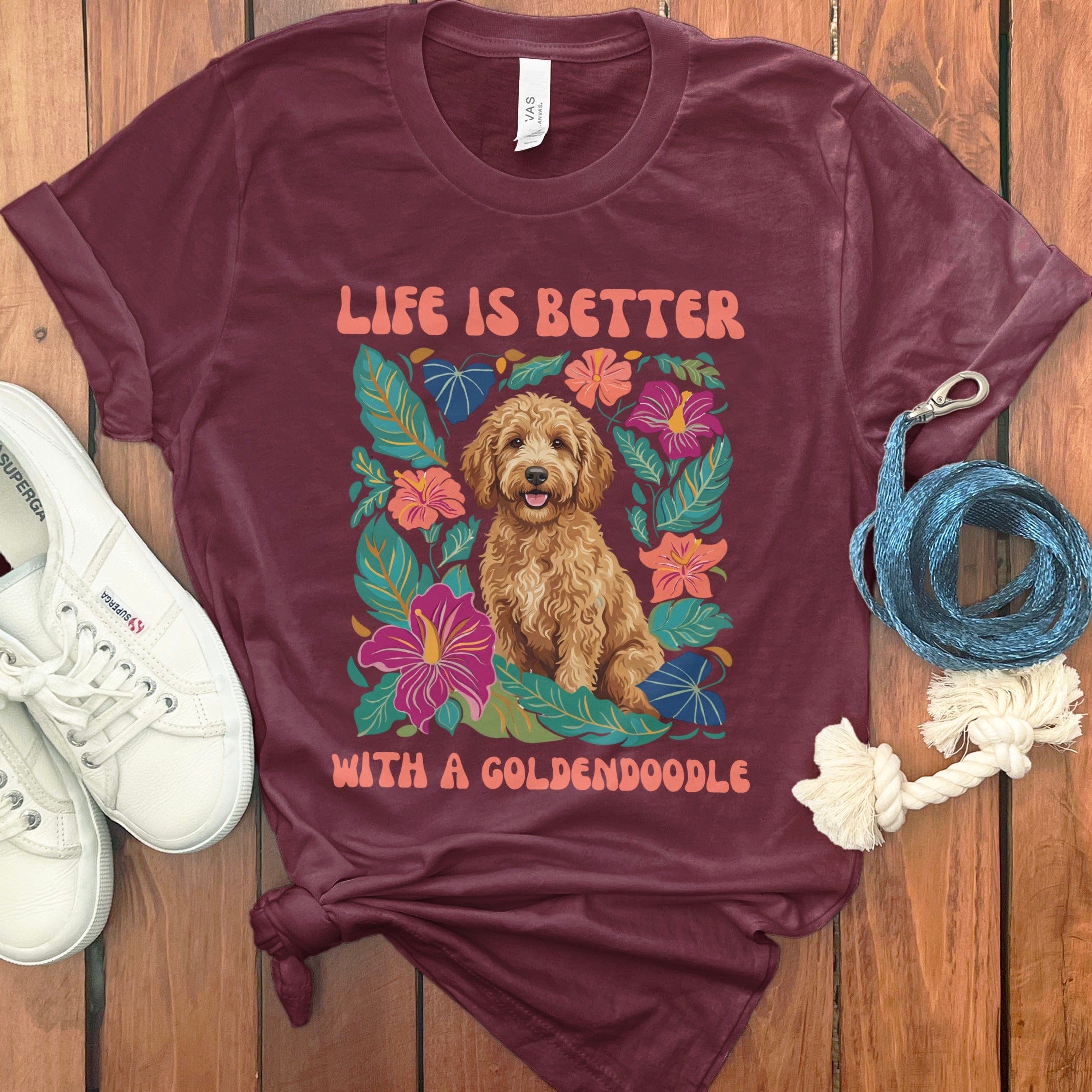 Better With a Goldendoodle T-Shirt in Maroon / S by Puppy Jo