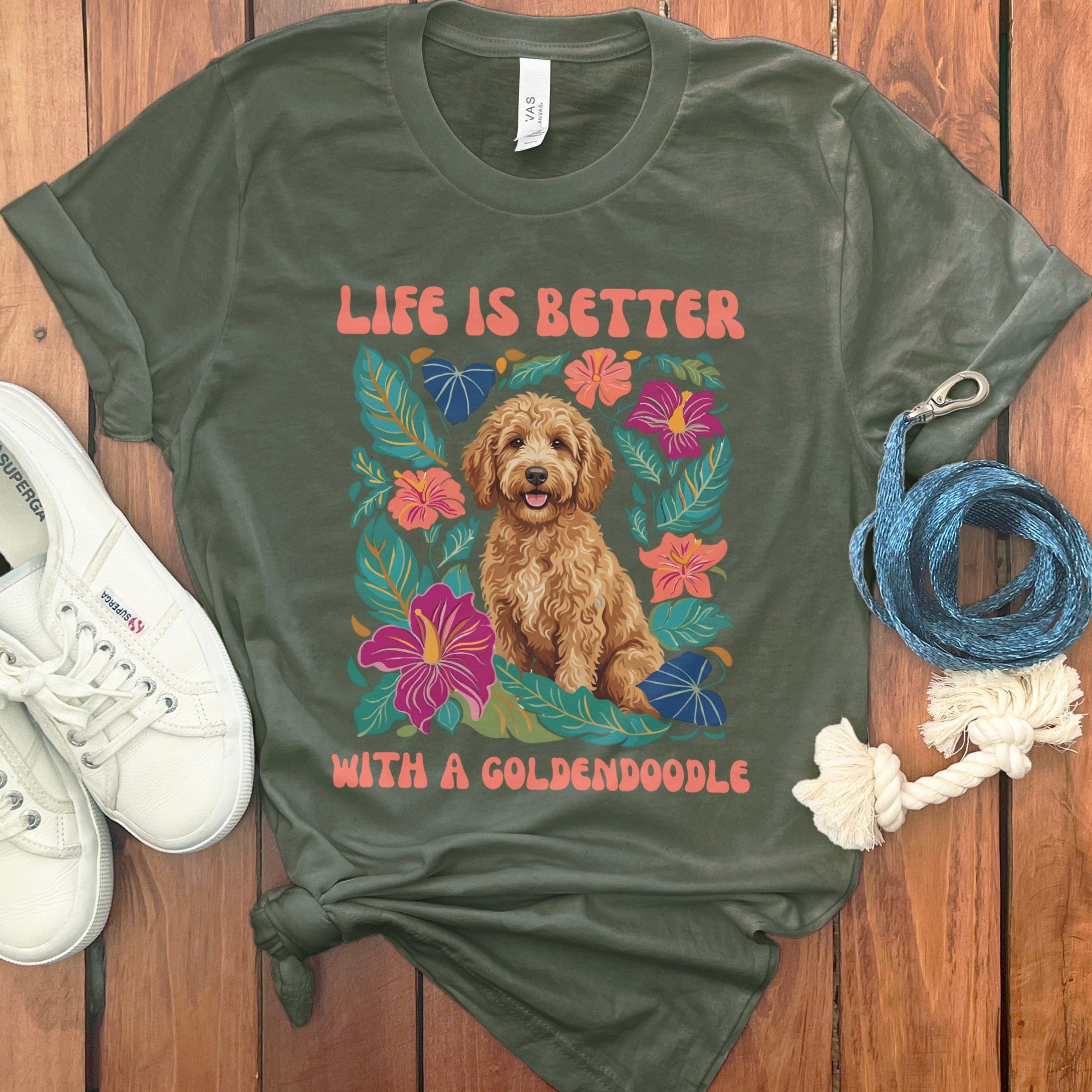 Better With a Goldendoodle T-Shirt in Military Green / S by Puppy Jo