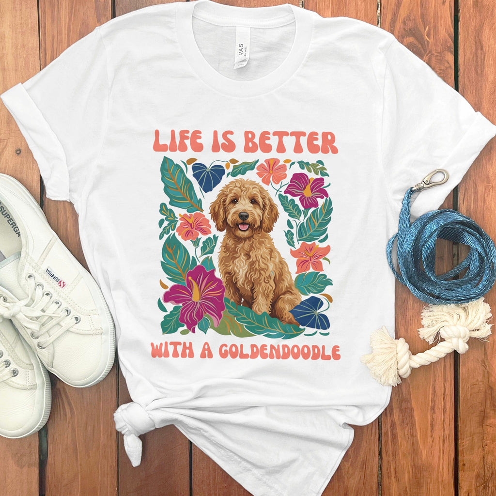 Better With a Goldendoodle T-Shirt in White / S by Puppy Jo