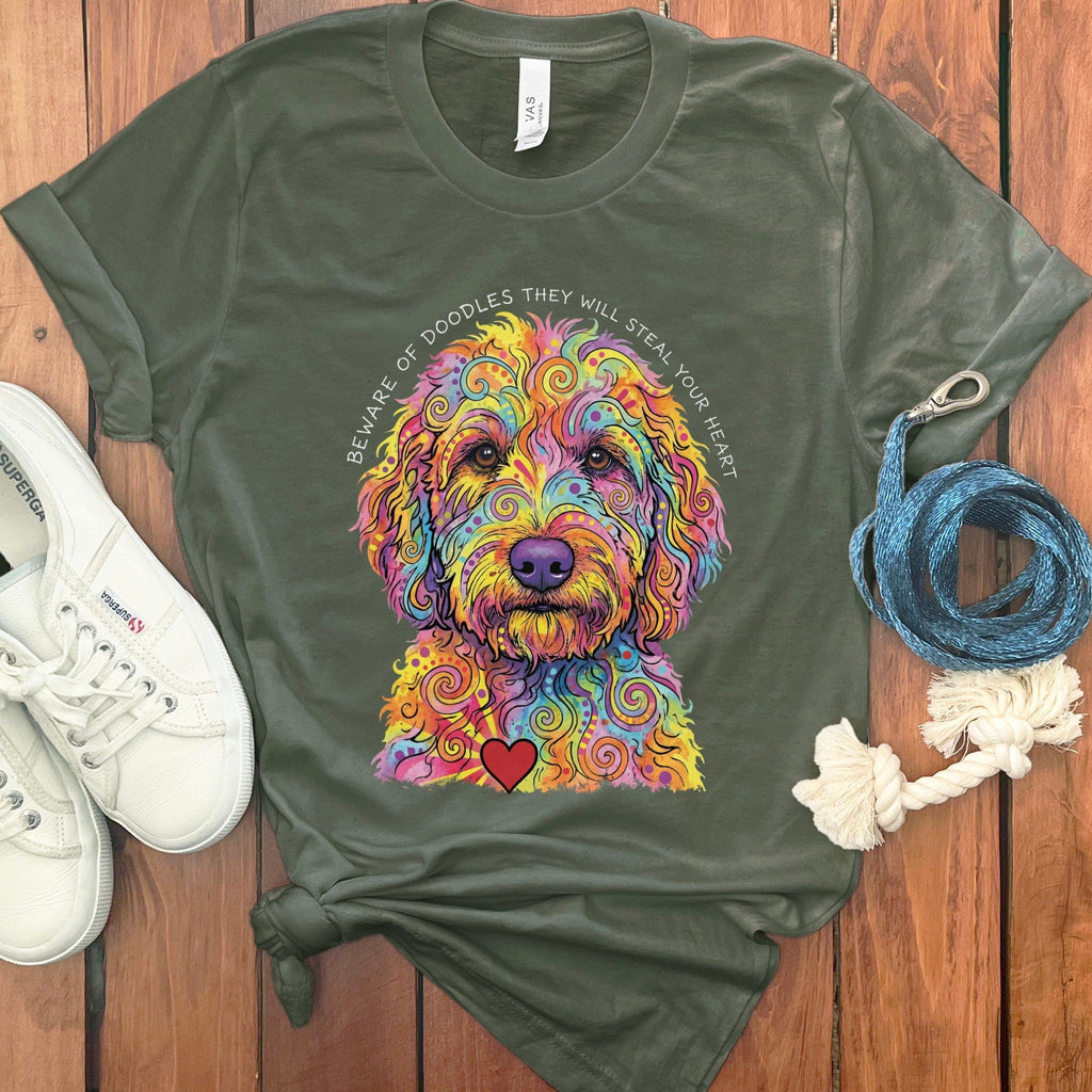 Beware Steal Heart T-Shirt in Military Green / S by Puppy Jo