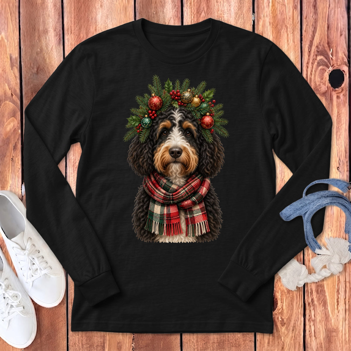 Bernedoodle Holiday Crown Long Sleeve T-Shirt in Dark Grey Heather / S by MyDesigns