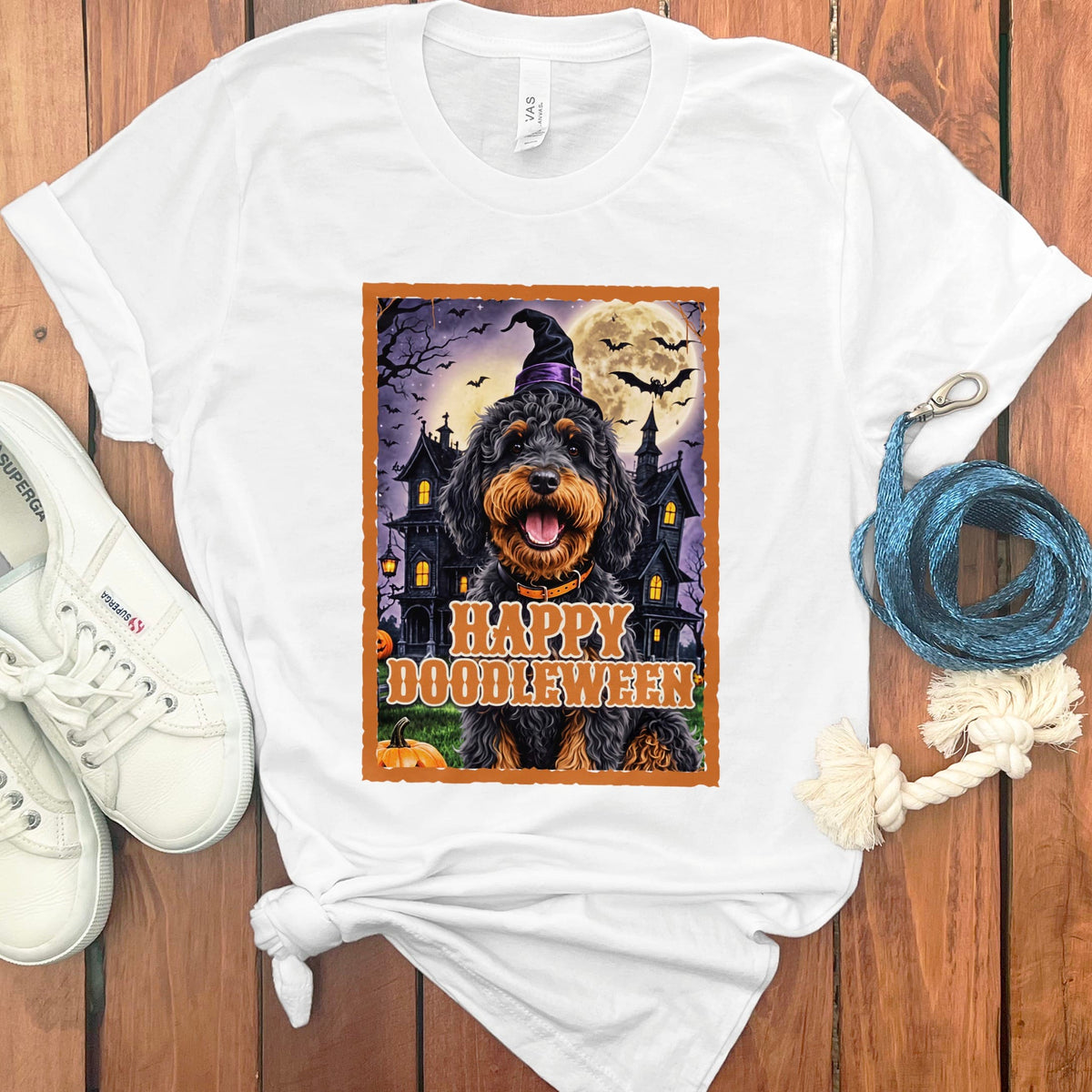 Phantom Goldendoodle Happy Doodleween T-Shirt in White / M by Puppy Jo