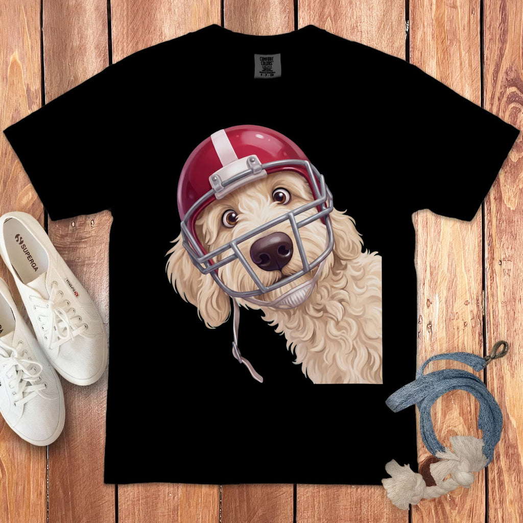 Cream Goldendoodle Football Helmet Signature T-Shirt in Black / S by Puppy Jo