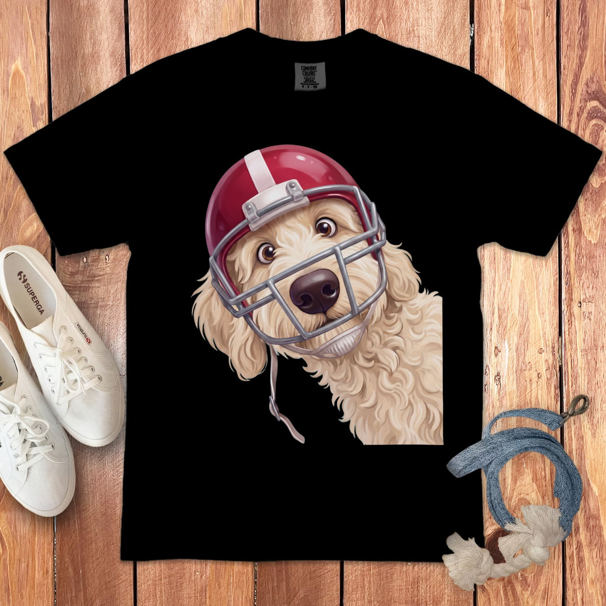 Cream Goldendoodle Football Helmet Signature T-Shirt in Black / S by Puppy Jo