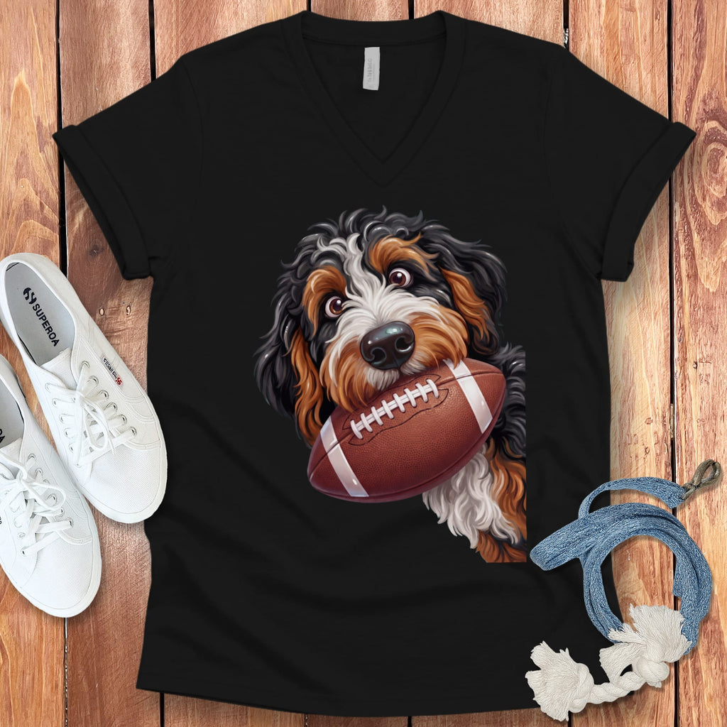 Bernedoodle Football V-Neck T-Shirt in Black / S by Puppy Jo