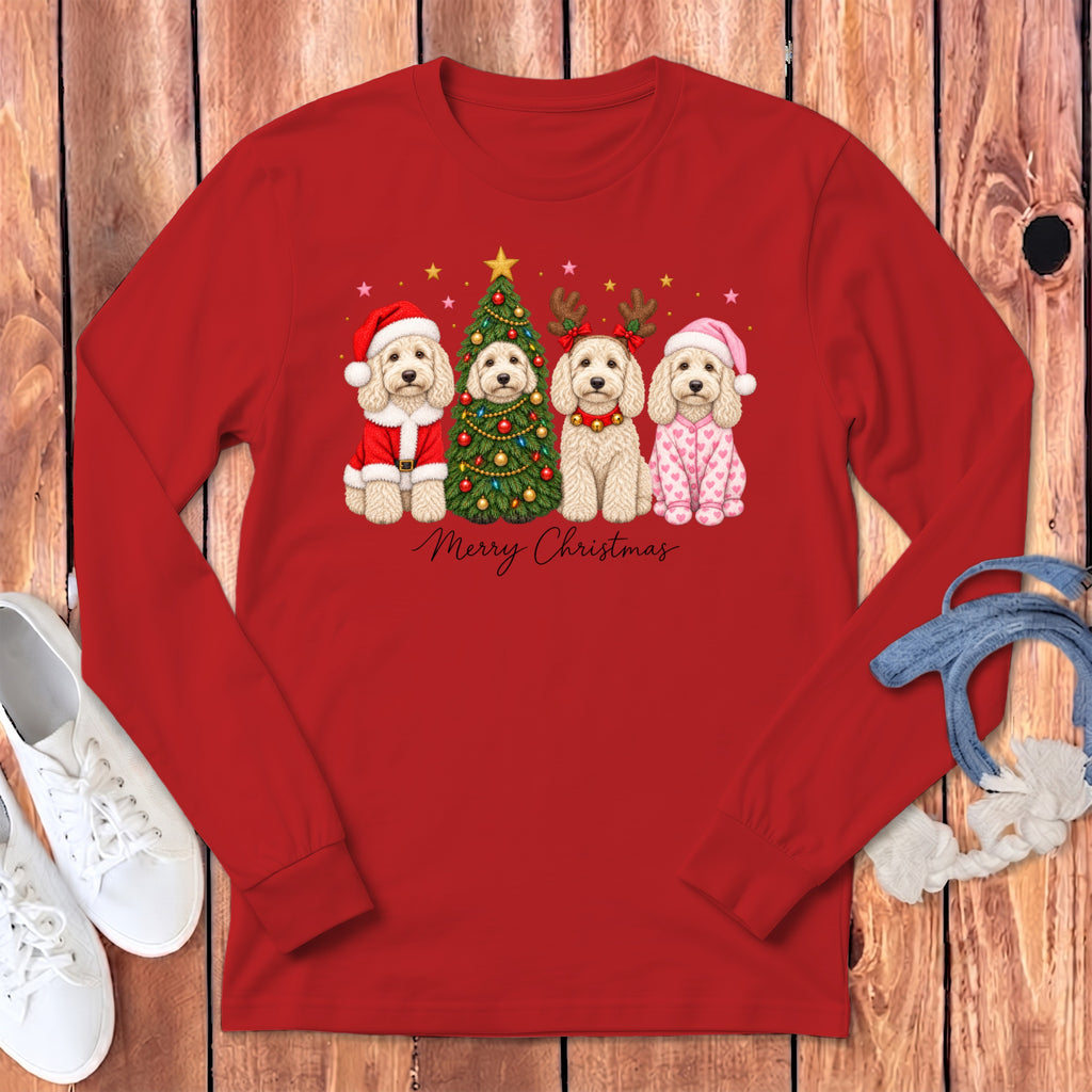 Red long-sleeve t-shirt featuring a Christmas graphic of four doodles, a decorated tree, and Merry Christmas text.