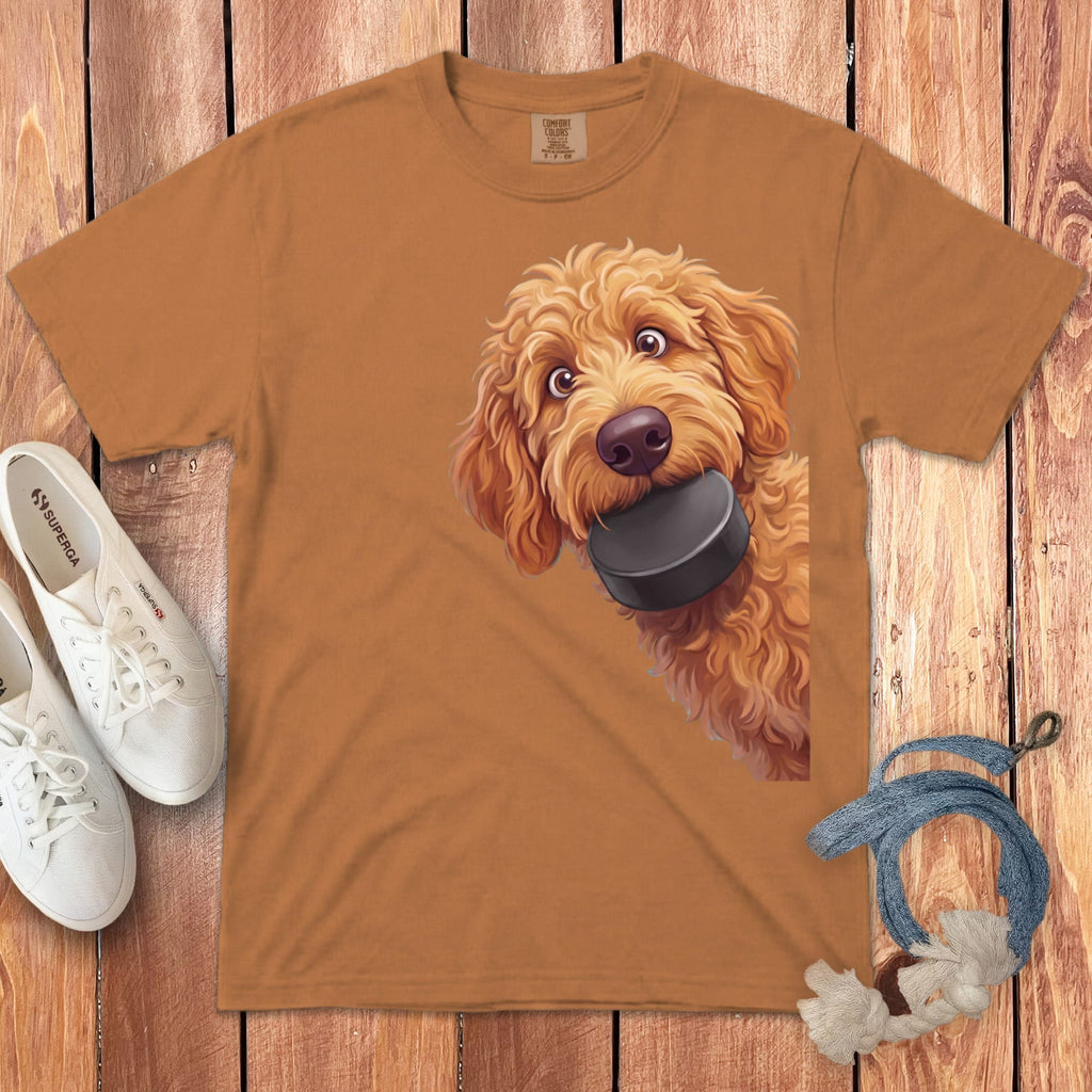 Apricot Goldendoodle Hockey Puck Signature T-Shirt in Yam / S by Puppy Jo