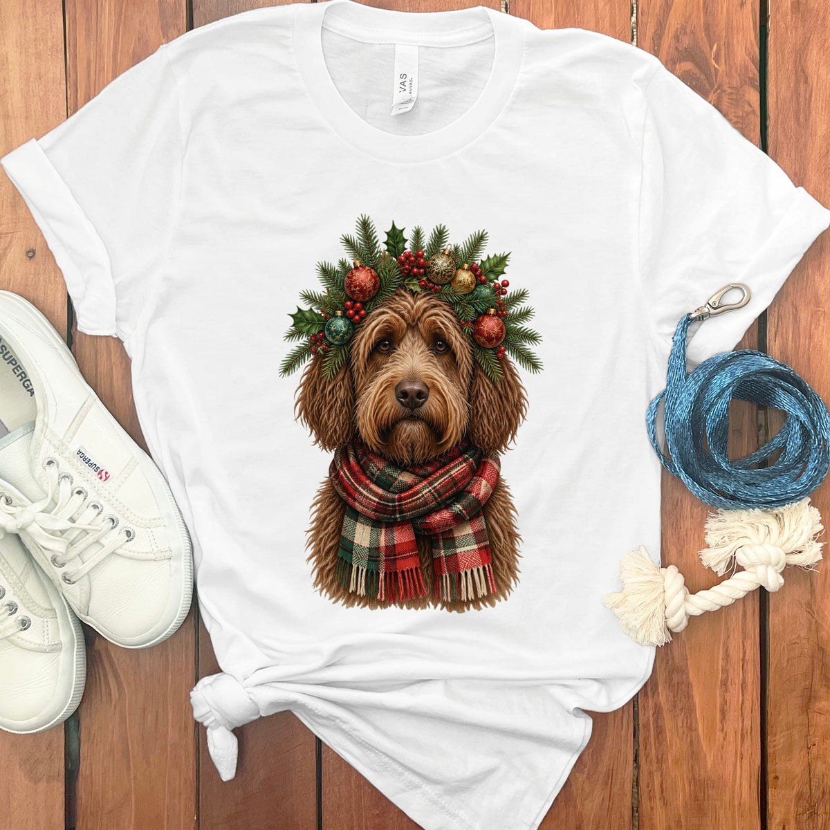 Chocolate Goldendoodle Holiday Crown T-Shirt in White / S by Puppy Jo