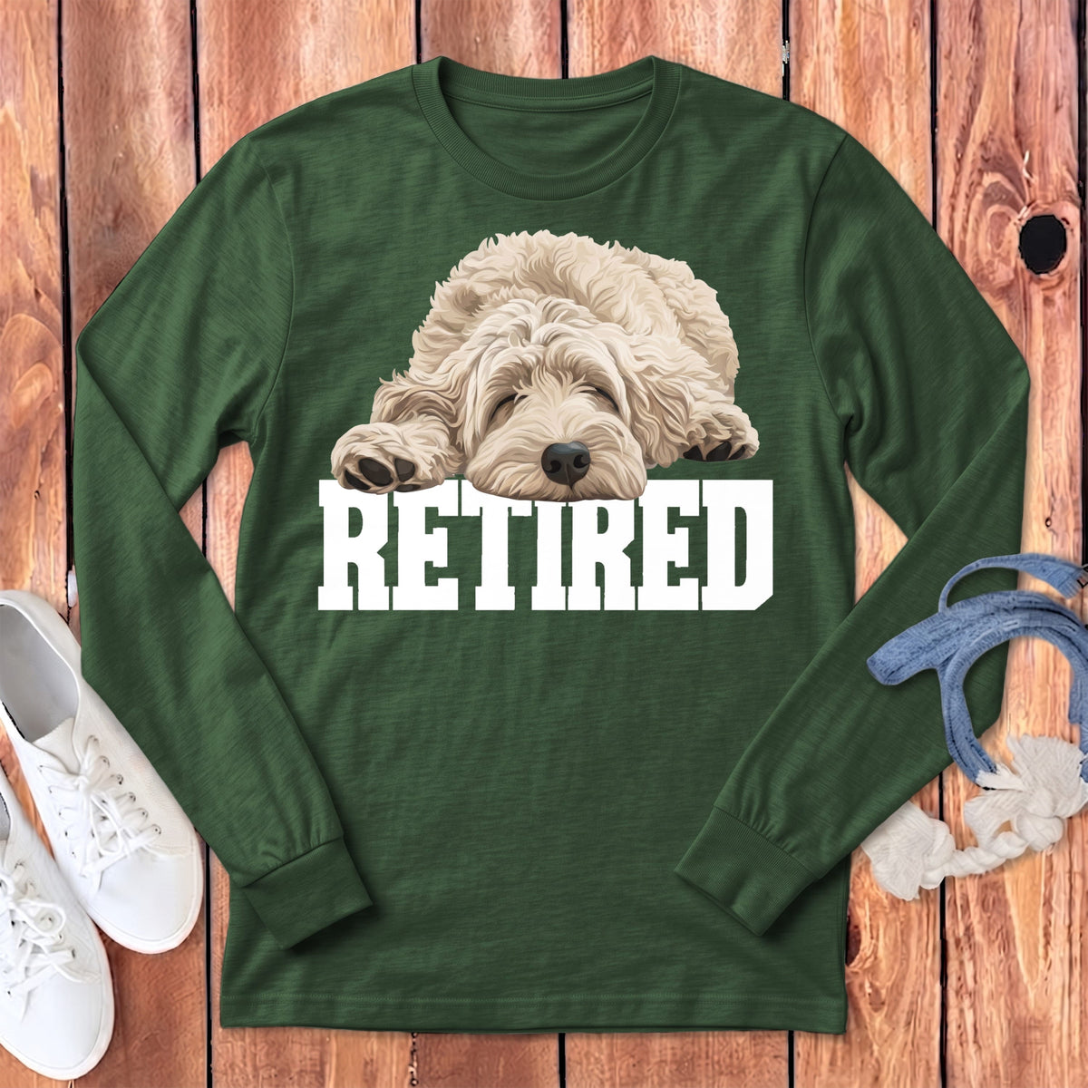 Retired Sleeping Cream Goldendoodle Long Sleeve T-Shirt in Heather Forest / S by Puppy Jo