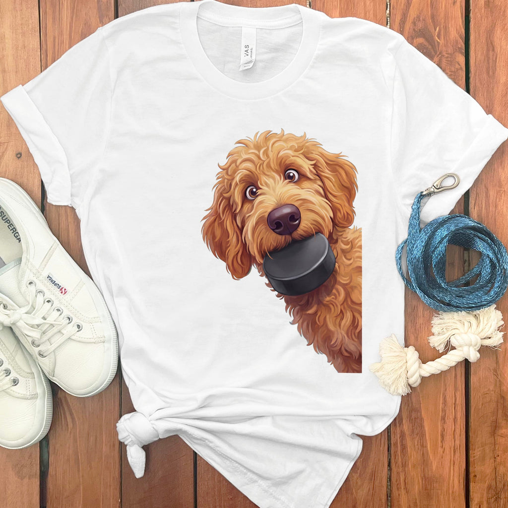 Apricot Goldendoodle Hockey Puck T-Shirt in White / S by Puppy Jo