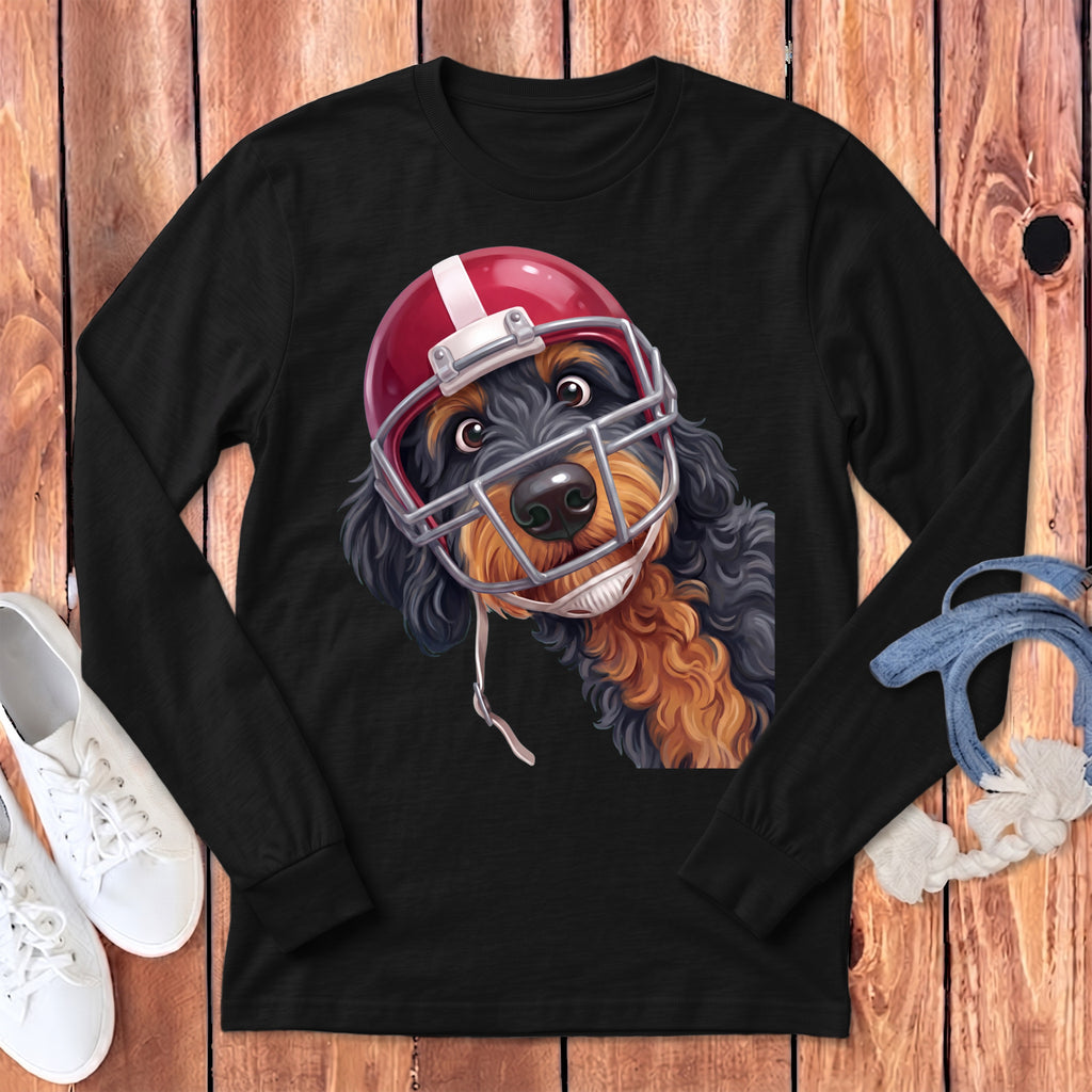 Black long sleeve t-shirt with a dog wearing a football helmet graphic.