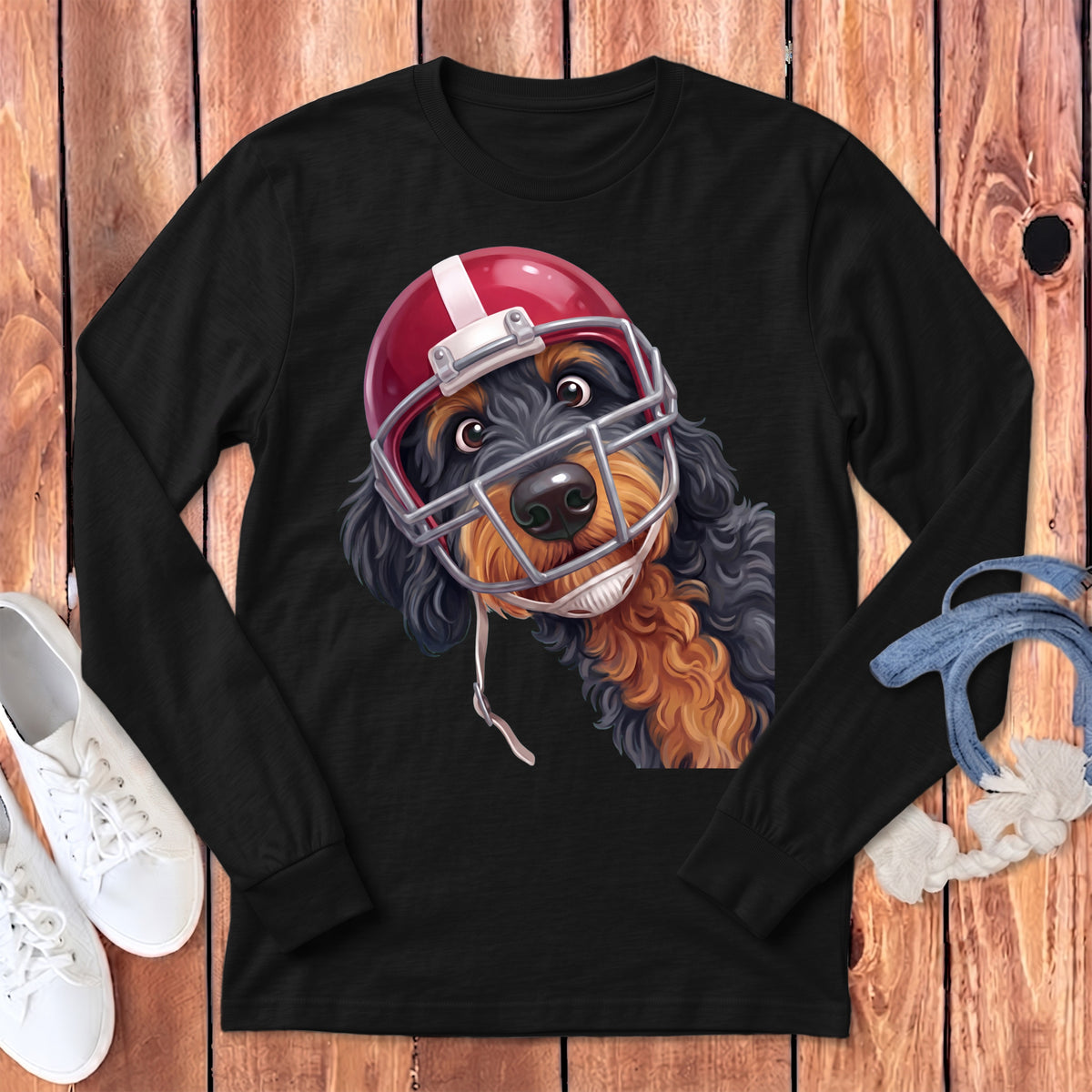 Black long sleeve t-shirt with a dog wearing a football helmet graphic.