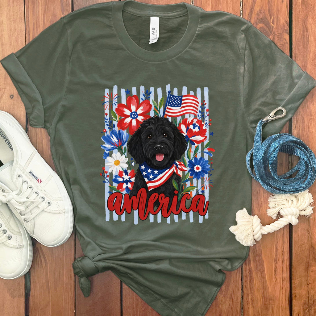 Black Doodle America T-Shirt in Military Green / S by Puppy Jo