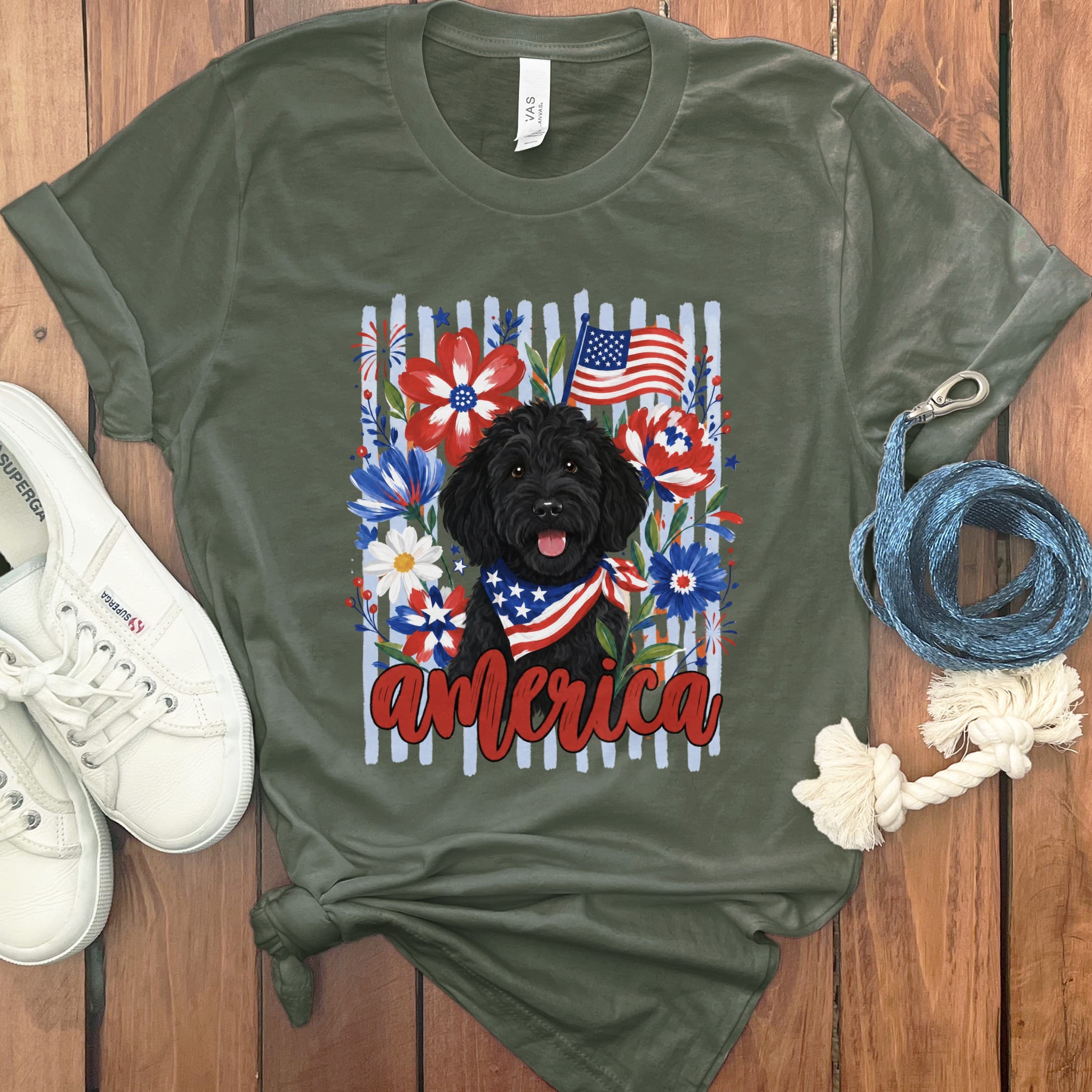 Black Doodle America T-Shirt in Military Green / S by Puppy Jo