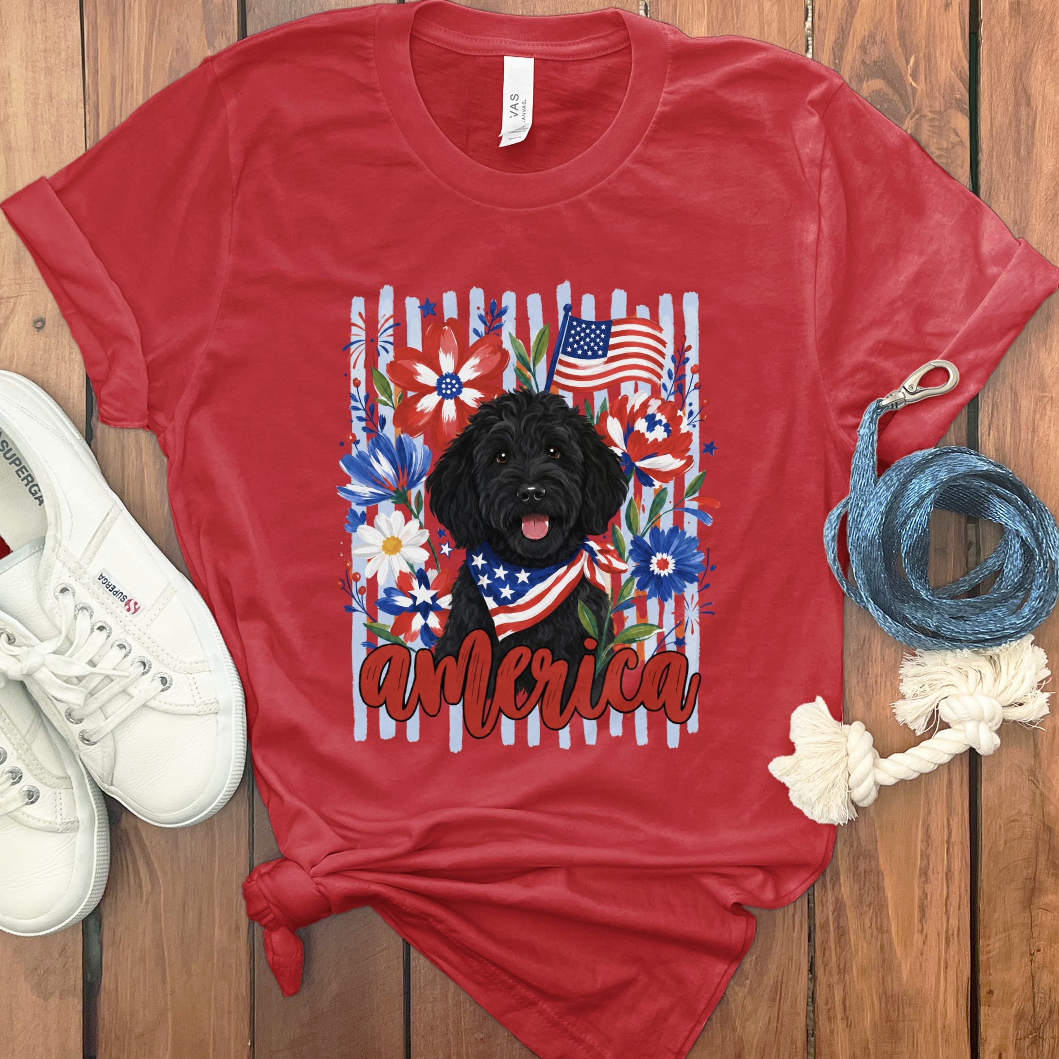 Black Doodle America T-Shirt in Red / S by Puppy Jo