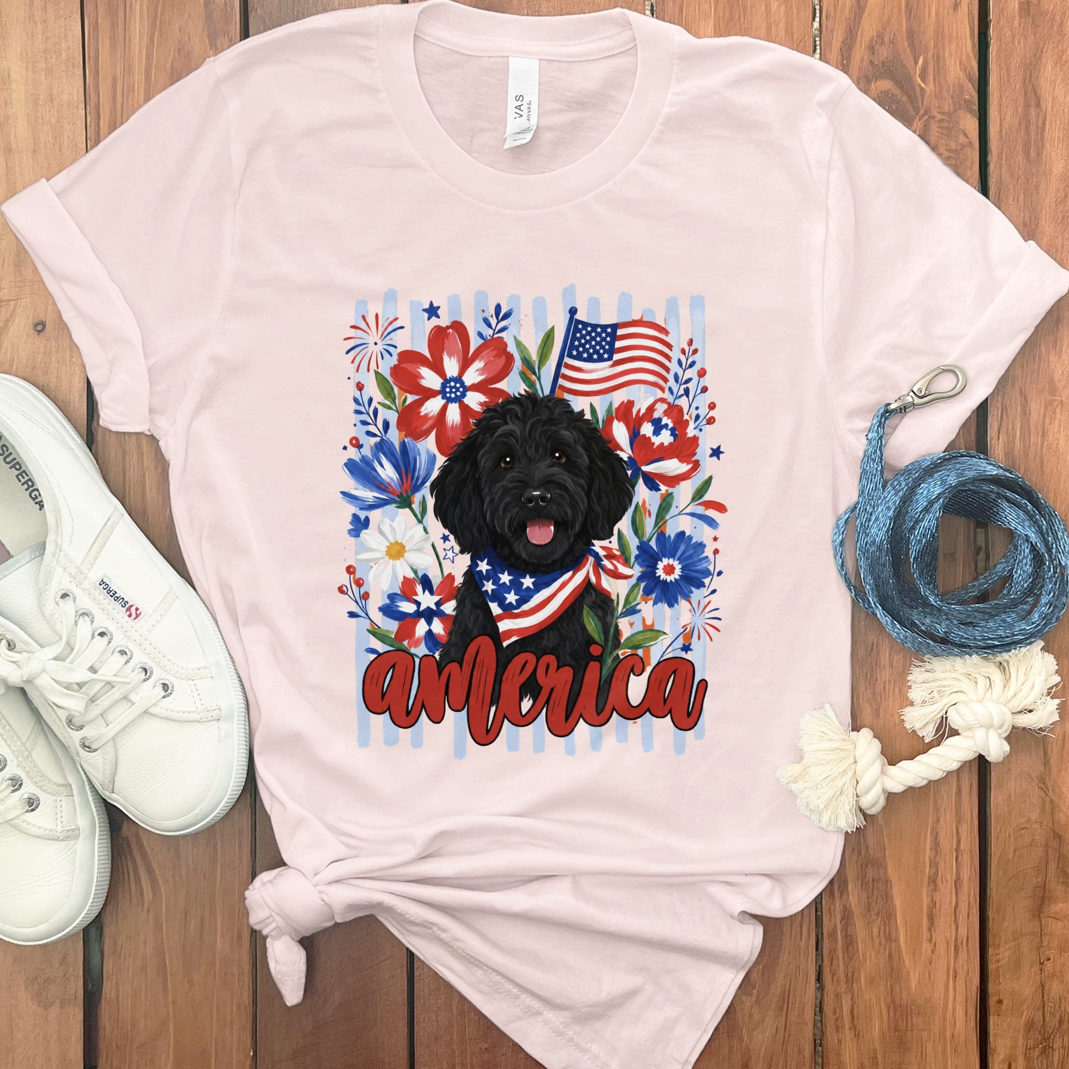 Black Doodle America T-Shirt in Soft Pink / S by Puppy Jo