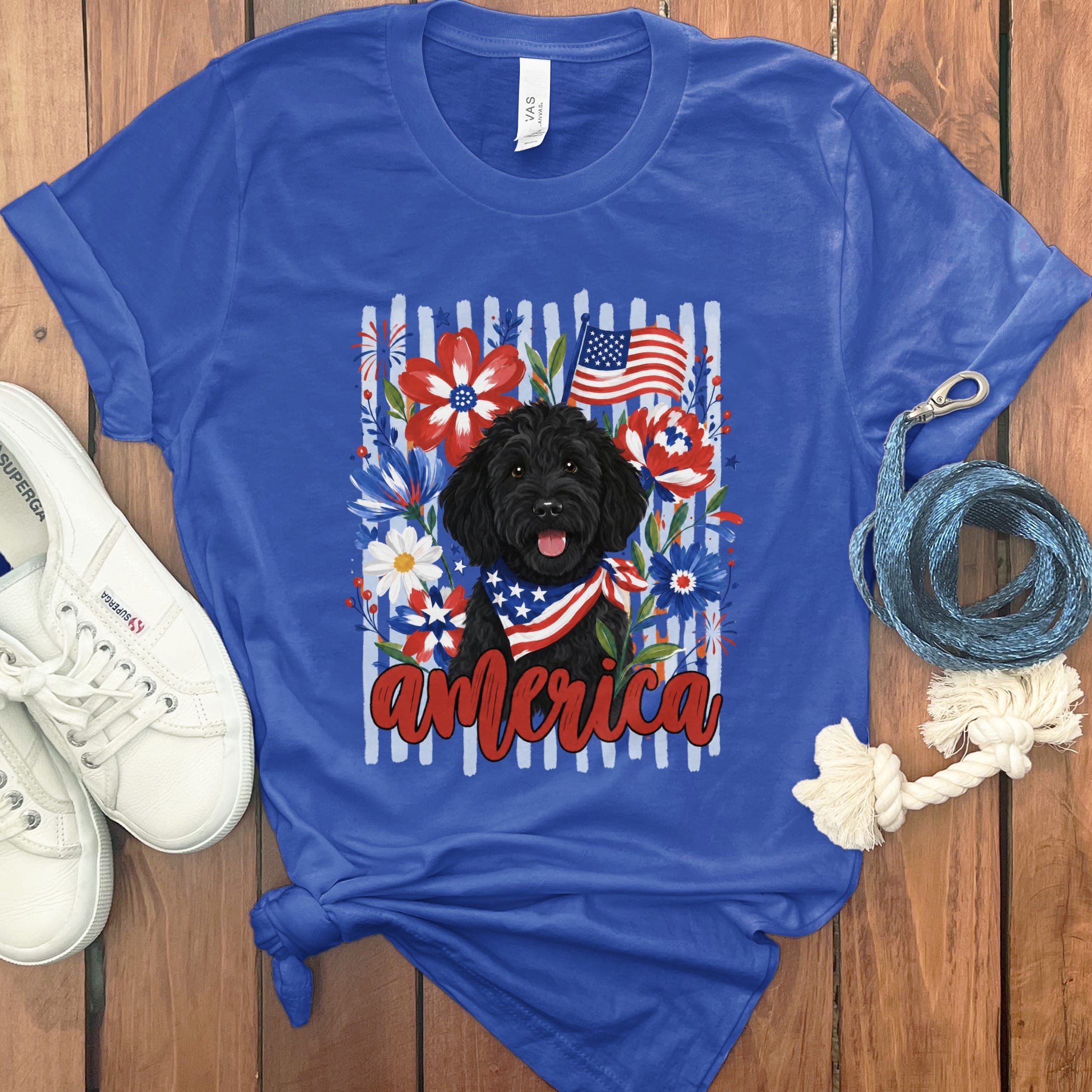 Black Doodle America T-Shirt in True Royal / S by Puppy Jo