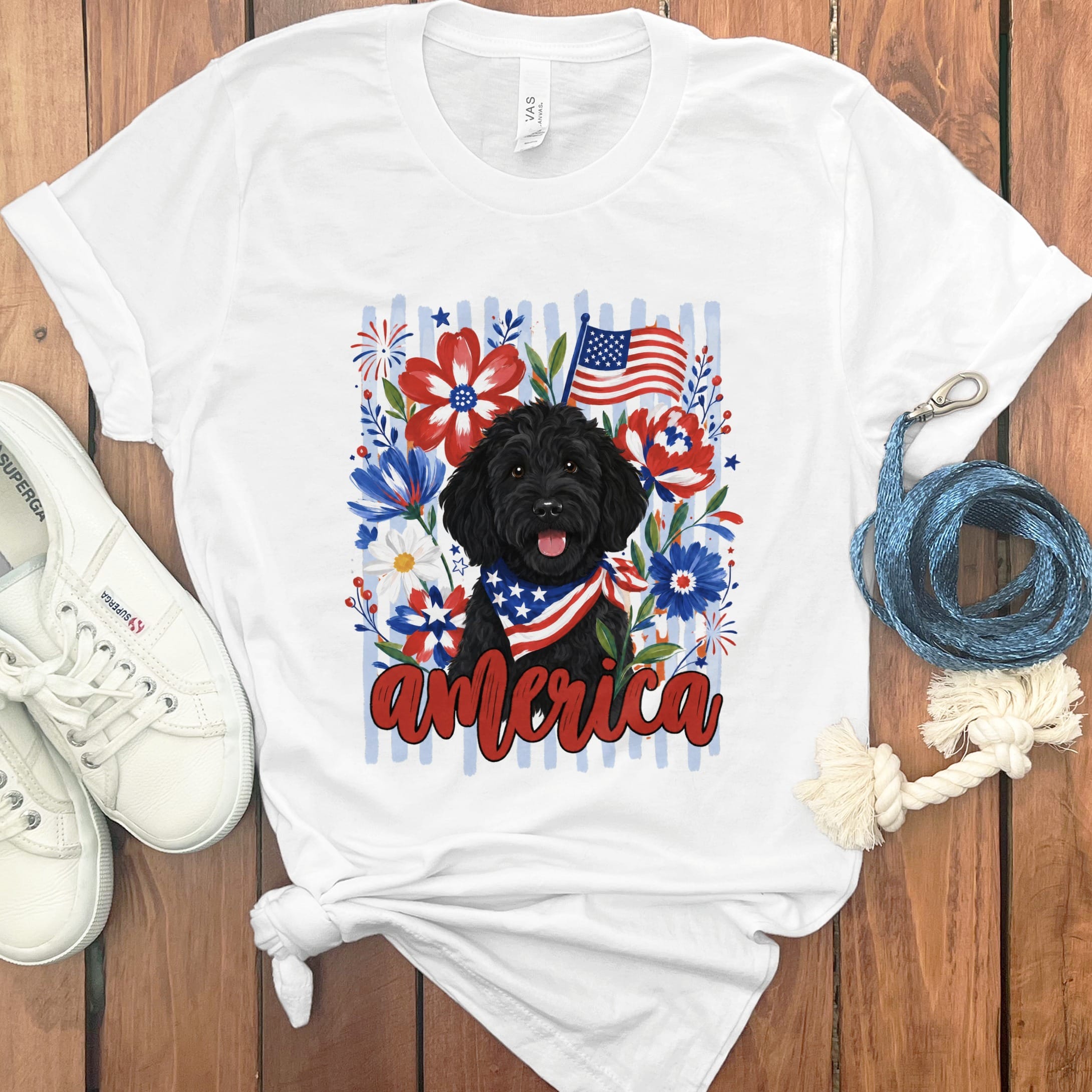 Black Doodle America T-Shirt in White / S by Puppy Jo