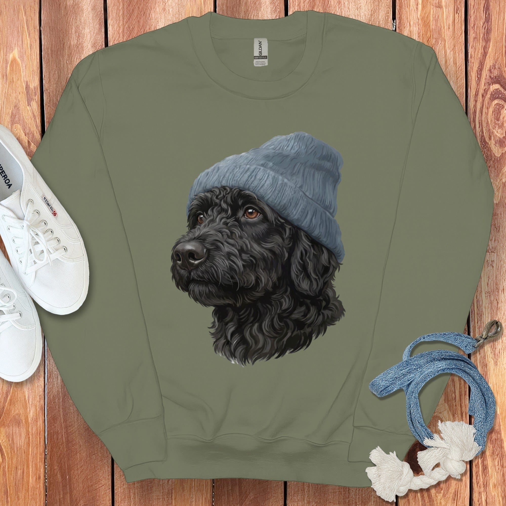 Black Doodle Blue Cap Sweatshirt in Military Green / M / Sweatshirts #1 by Puppy Jo