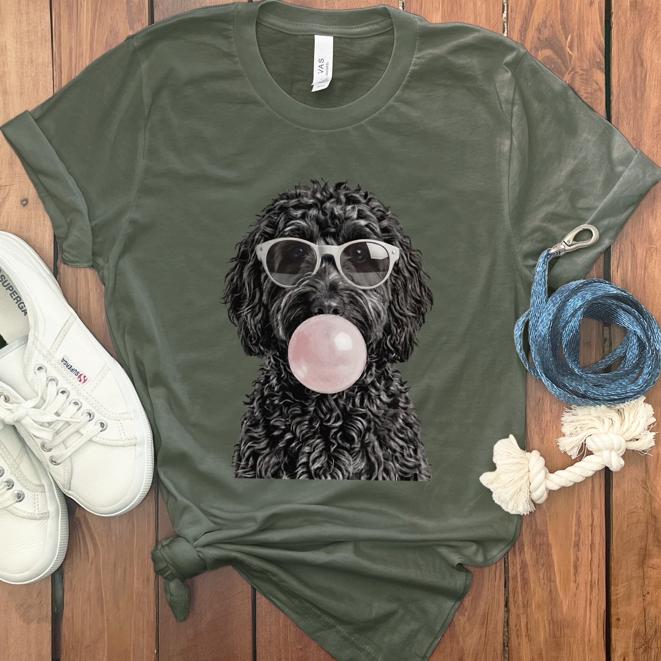 Black Doodle Bubblegum T-Shirt in Military Green / S by Puppy Jo