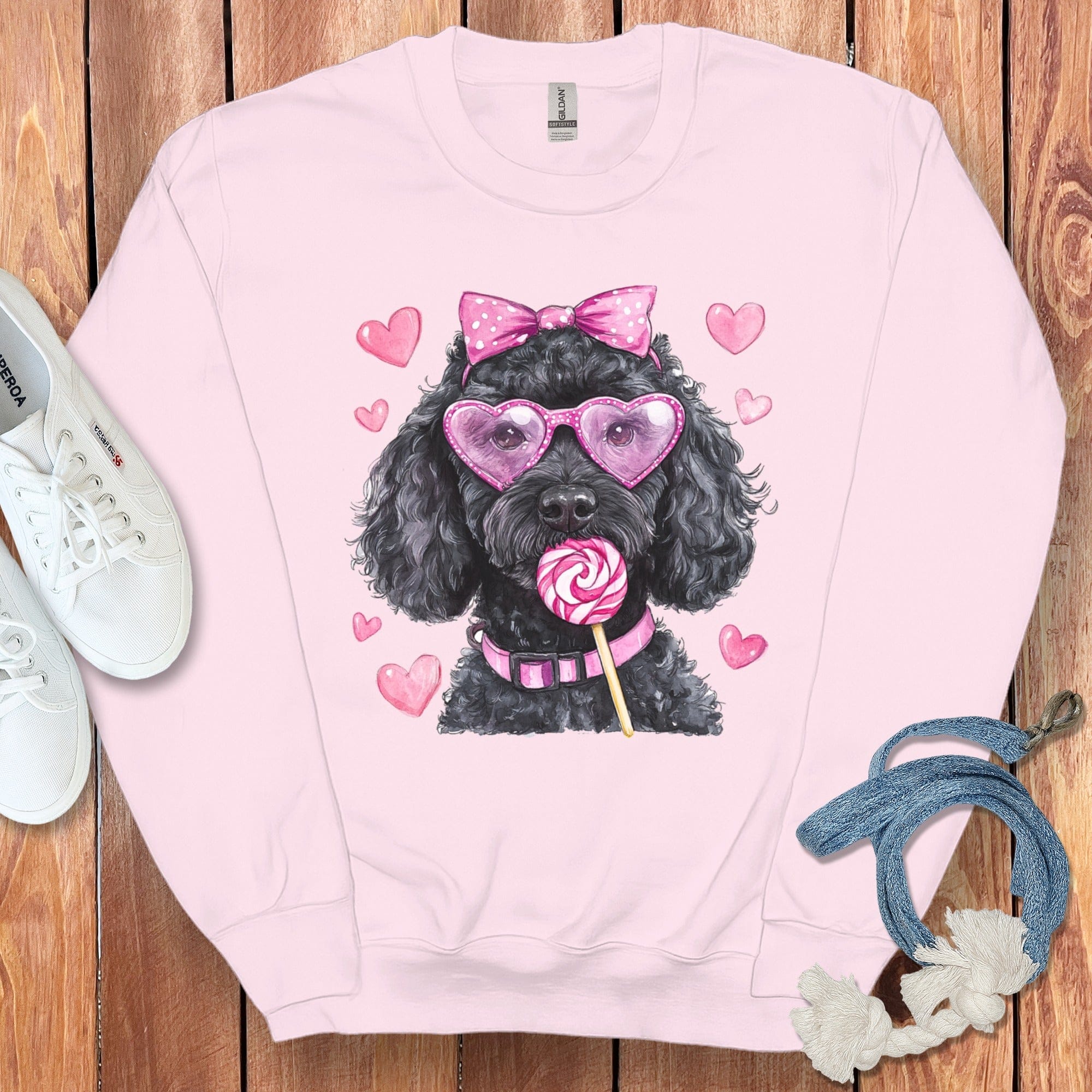 Black Doodle Coquette Sweatshirt in Light Pink / S by Puppy Jo