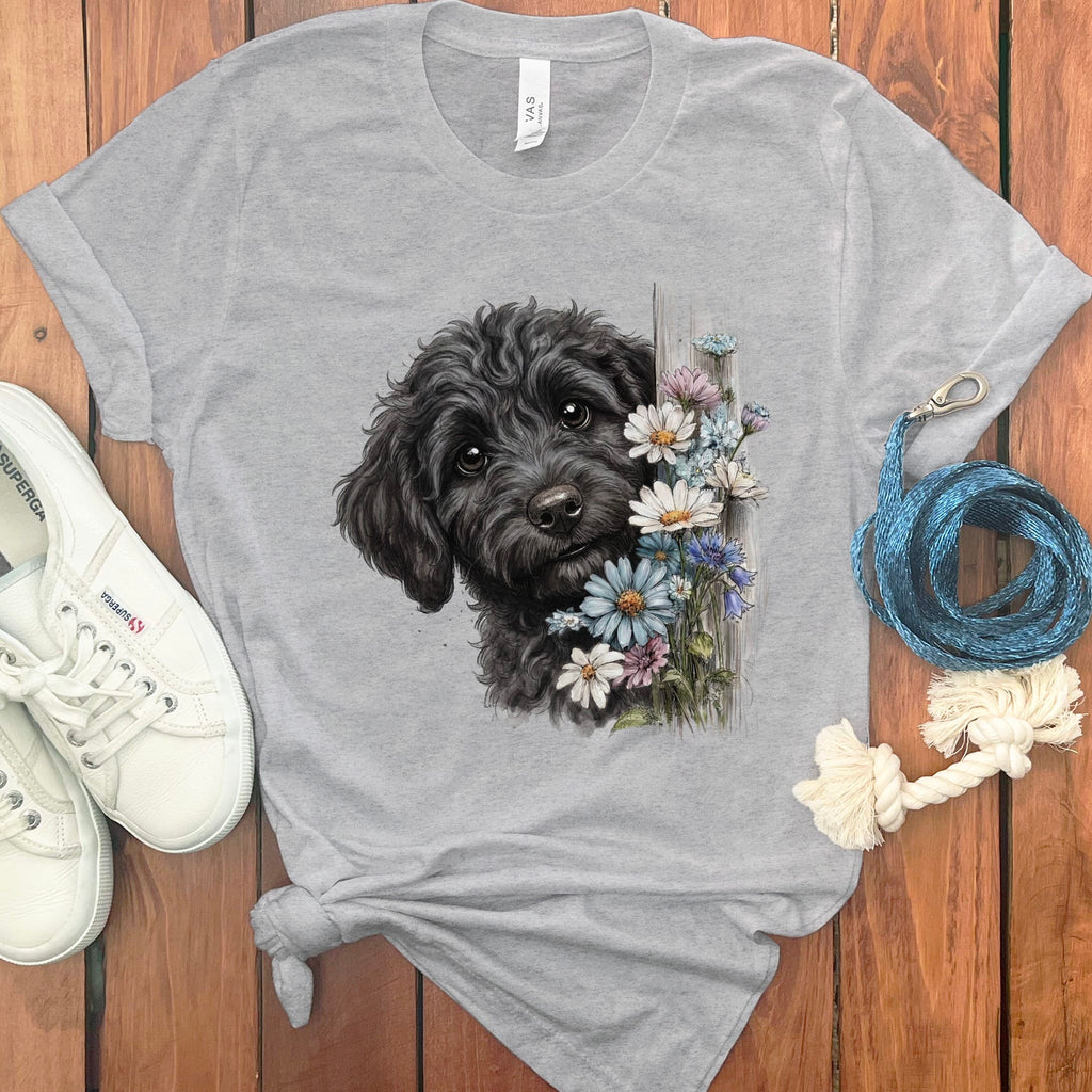 Black Doodle Daisy Peeking T-Shirt in Athletic Heather / S by Puppy Jo