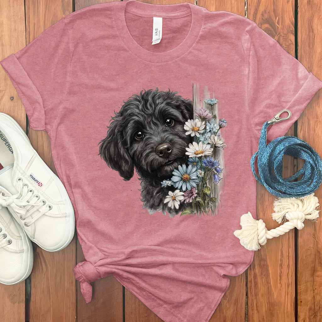 Black Doodle Daisy Peeking T-Shirt in Heather Mauve / S by Puppy Jo
