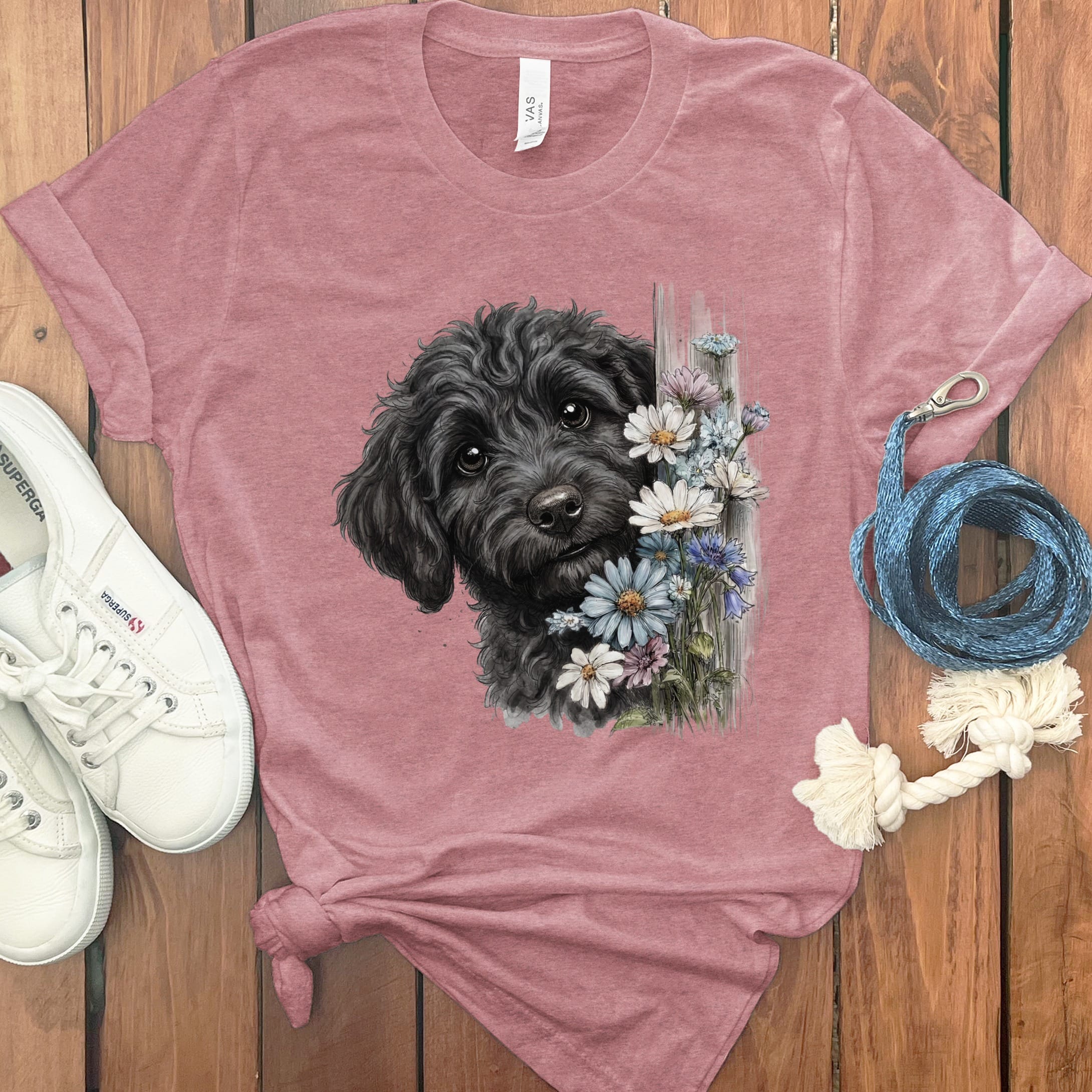 Black Doodle Daisy Peeking T-Shirt in Heather Mauve / S by Puppy Jo