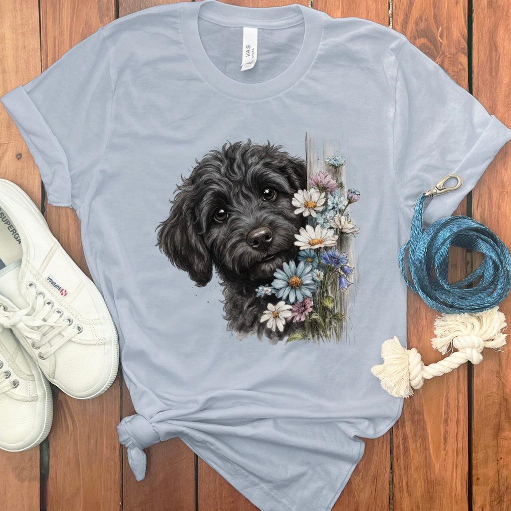 Black Doodle Daisy Peeking T-Shirt in Light Blue / S by Puppy Jo