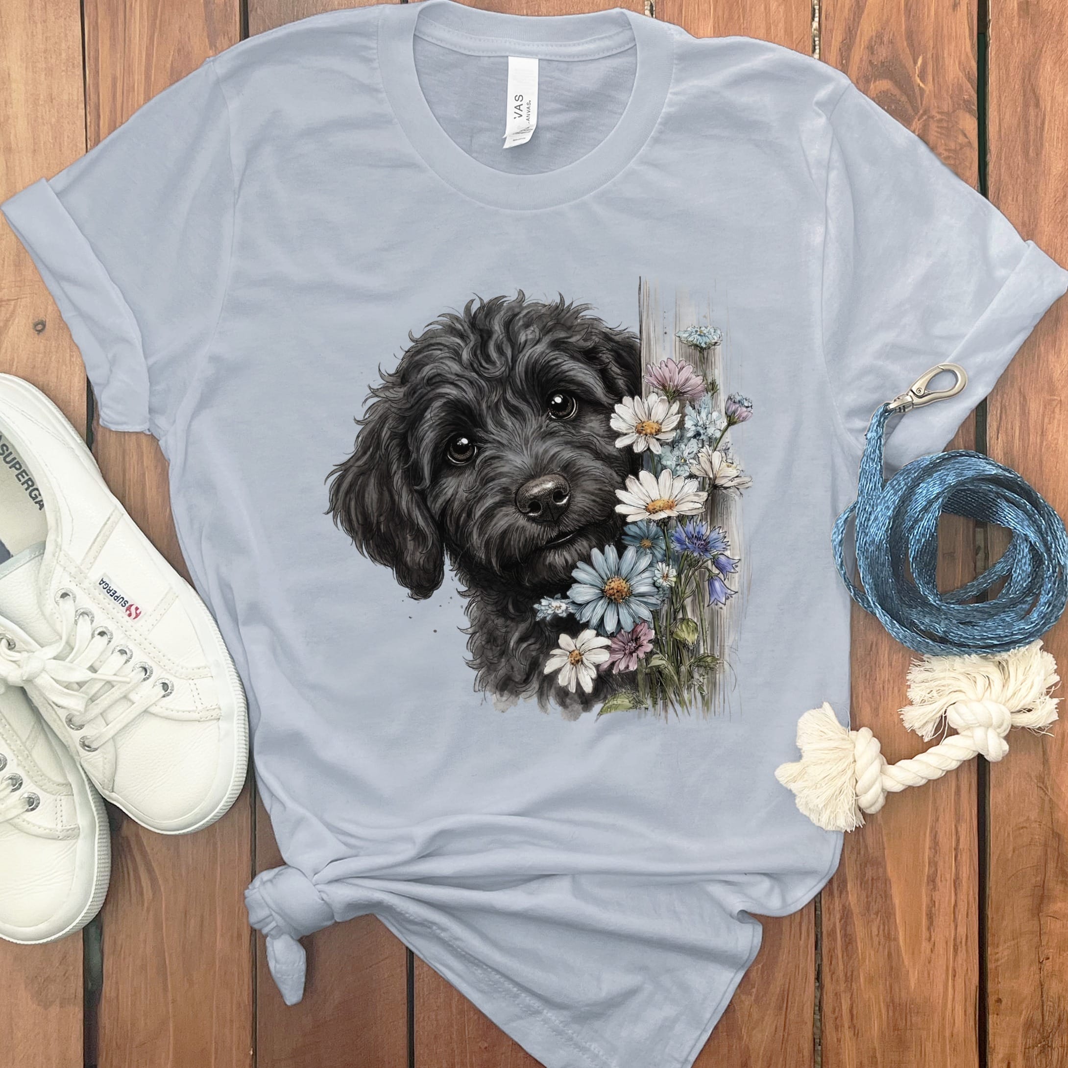 Black Doodle Daisy Peeking T-Shirt in Light Blue / S by Puppy Jo