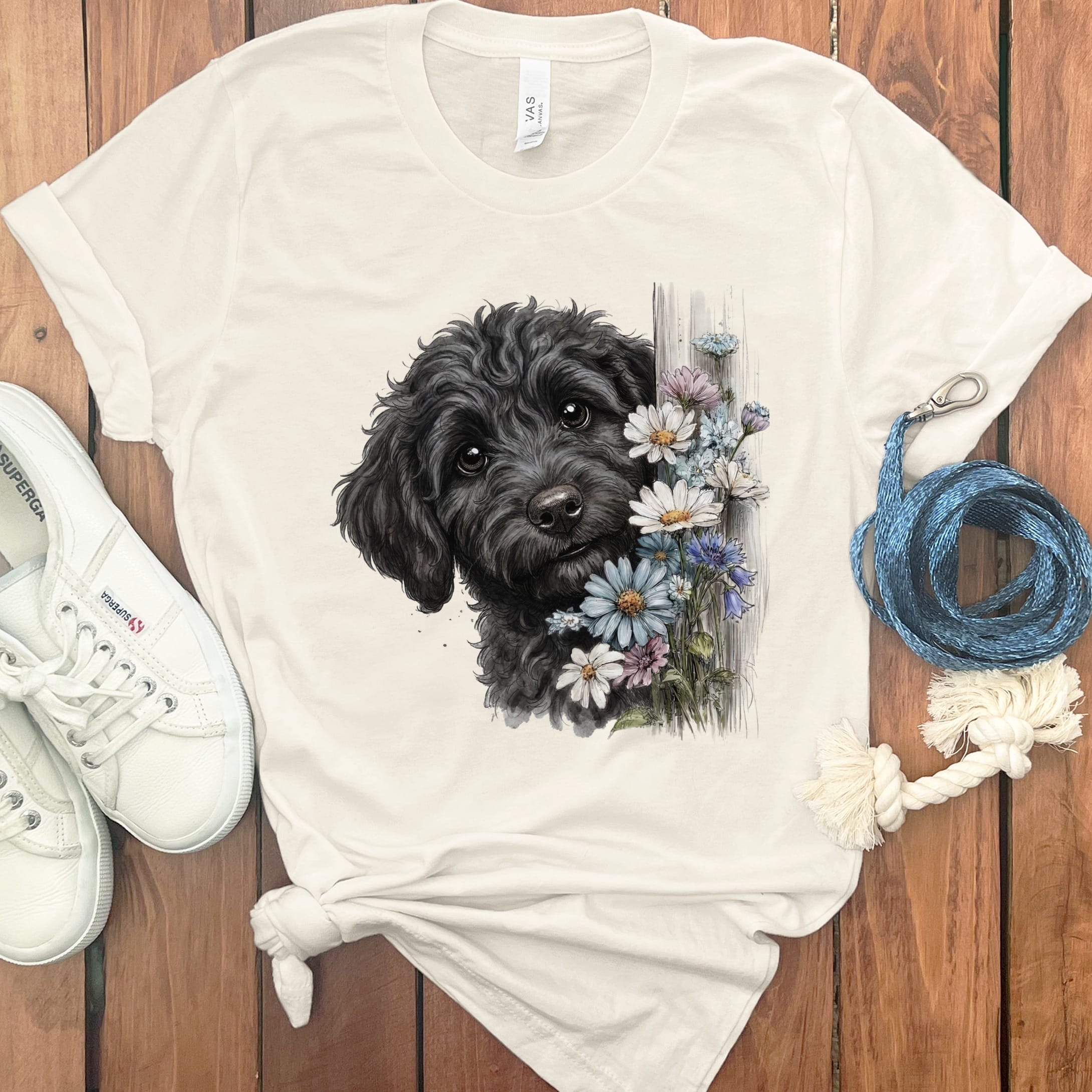 Black Doodle Daisy Peeking T-Shirt in Natural / S by Puppy Jo