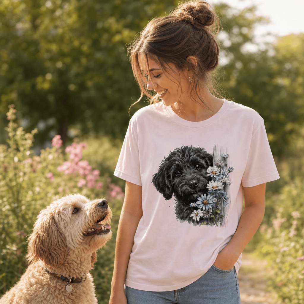 Black Doodle Daisy Peeking T-Shirt in by Puppy Jo