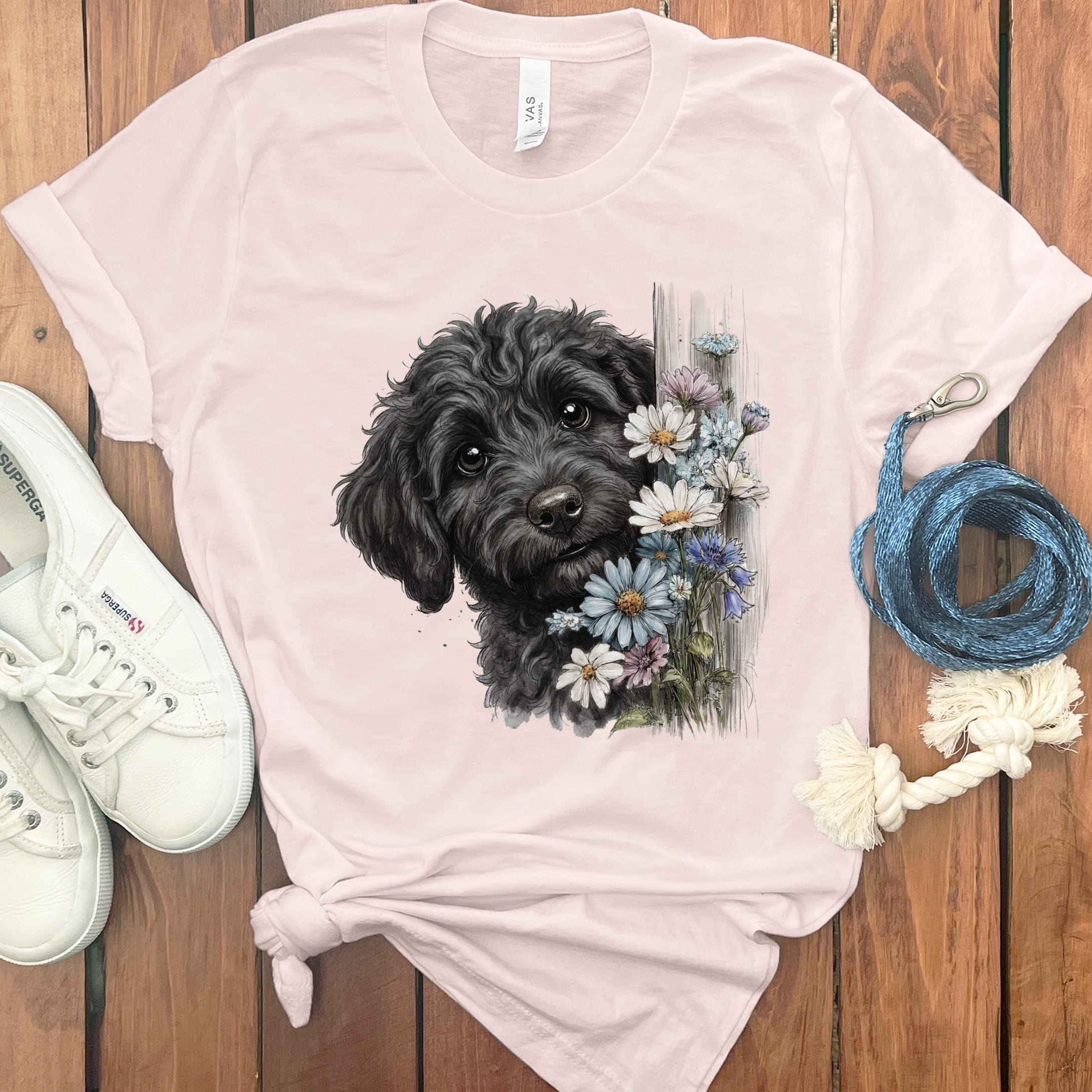 Black Doodle Daisy Peeking T-Shirt in Soft Pink / S by Puppy Jo