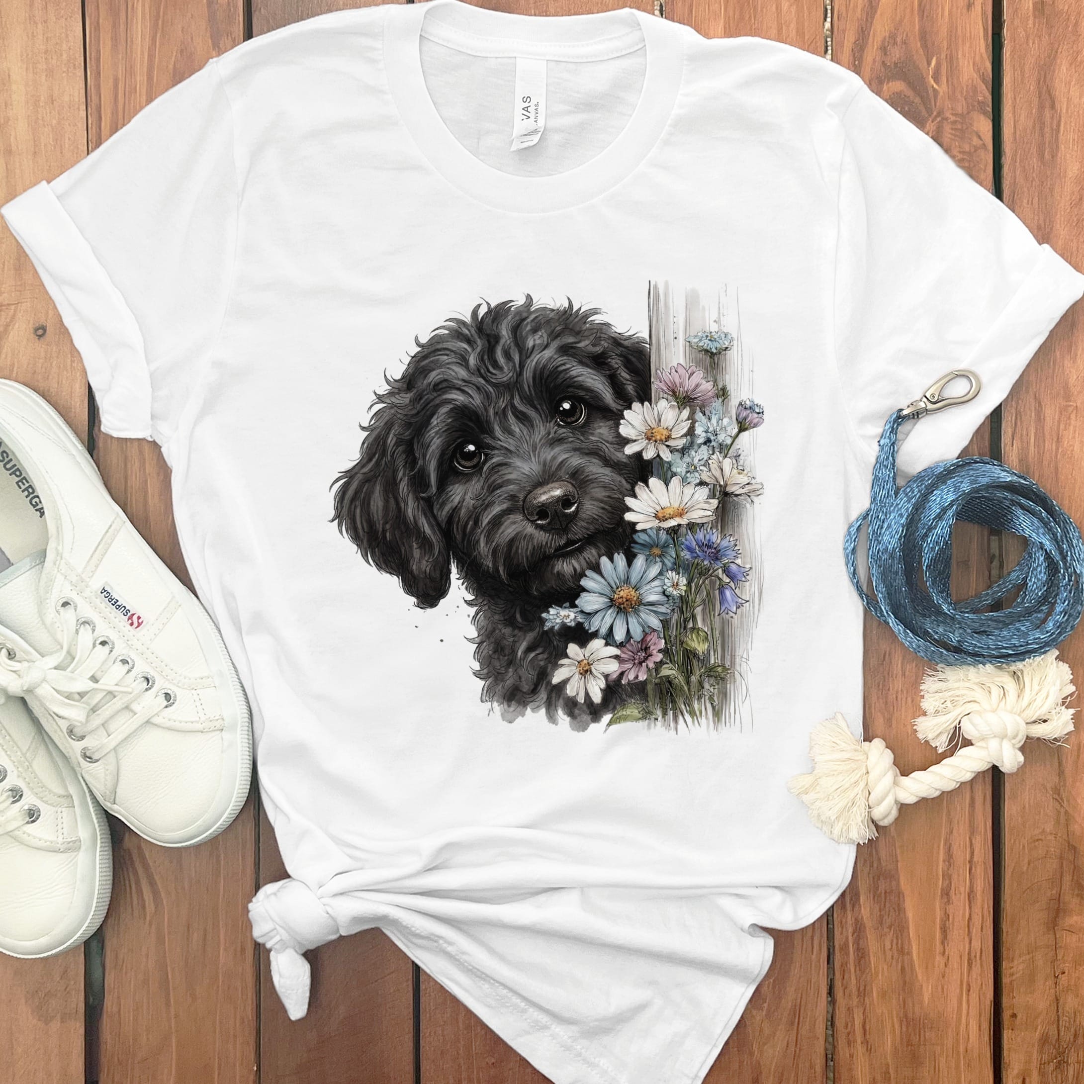 Black Doodle Daisy Peeking T-Shirt in White / S by Puppy Jo