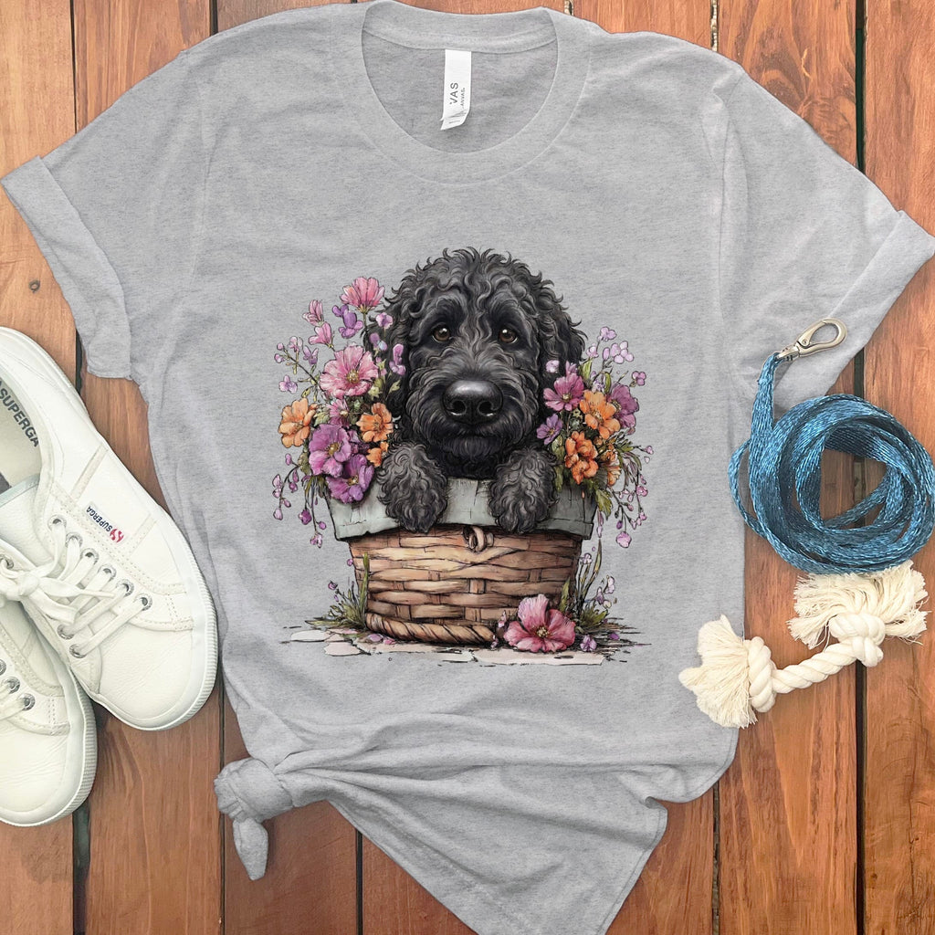 Black Doodle Floral Basket T-Shirt in Athletic Heather / M by Puppy Jo