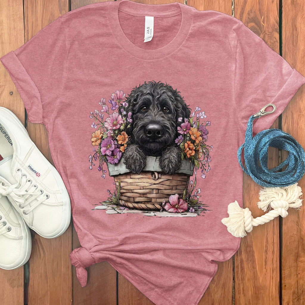 Black Doodle Floral Basket T-Shirt in Heather Mauve / M by Puppy Jo