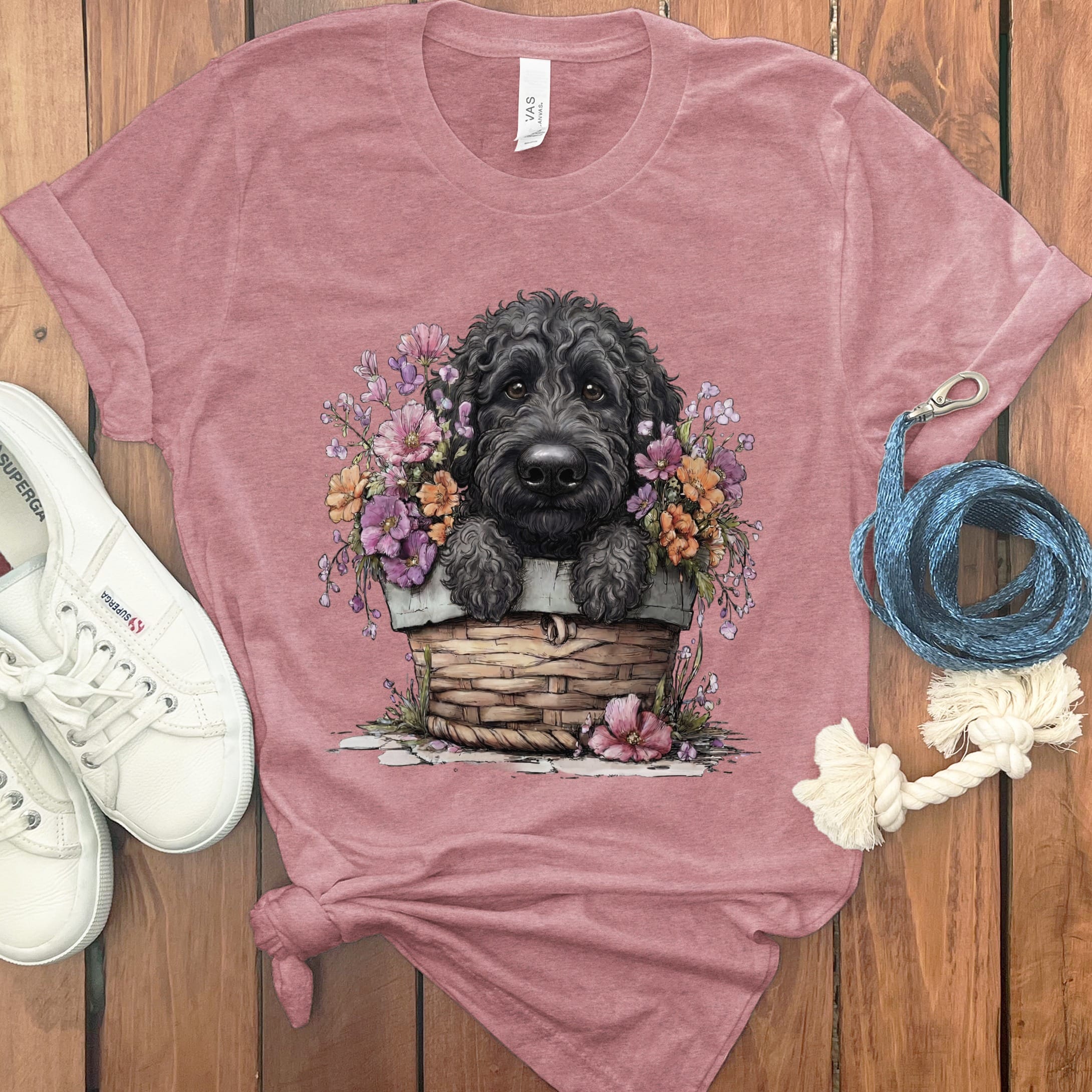 Black Doodle Floral Basket T-Shirt in Heather Mauve / M by Puppy Jo