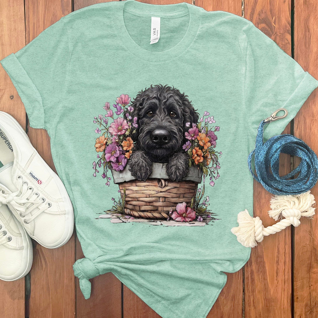 Black Doodle Floral Basket T-Shirt in Heather Mint / XL by Puppy Jo